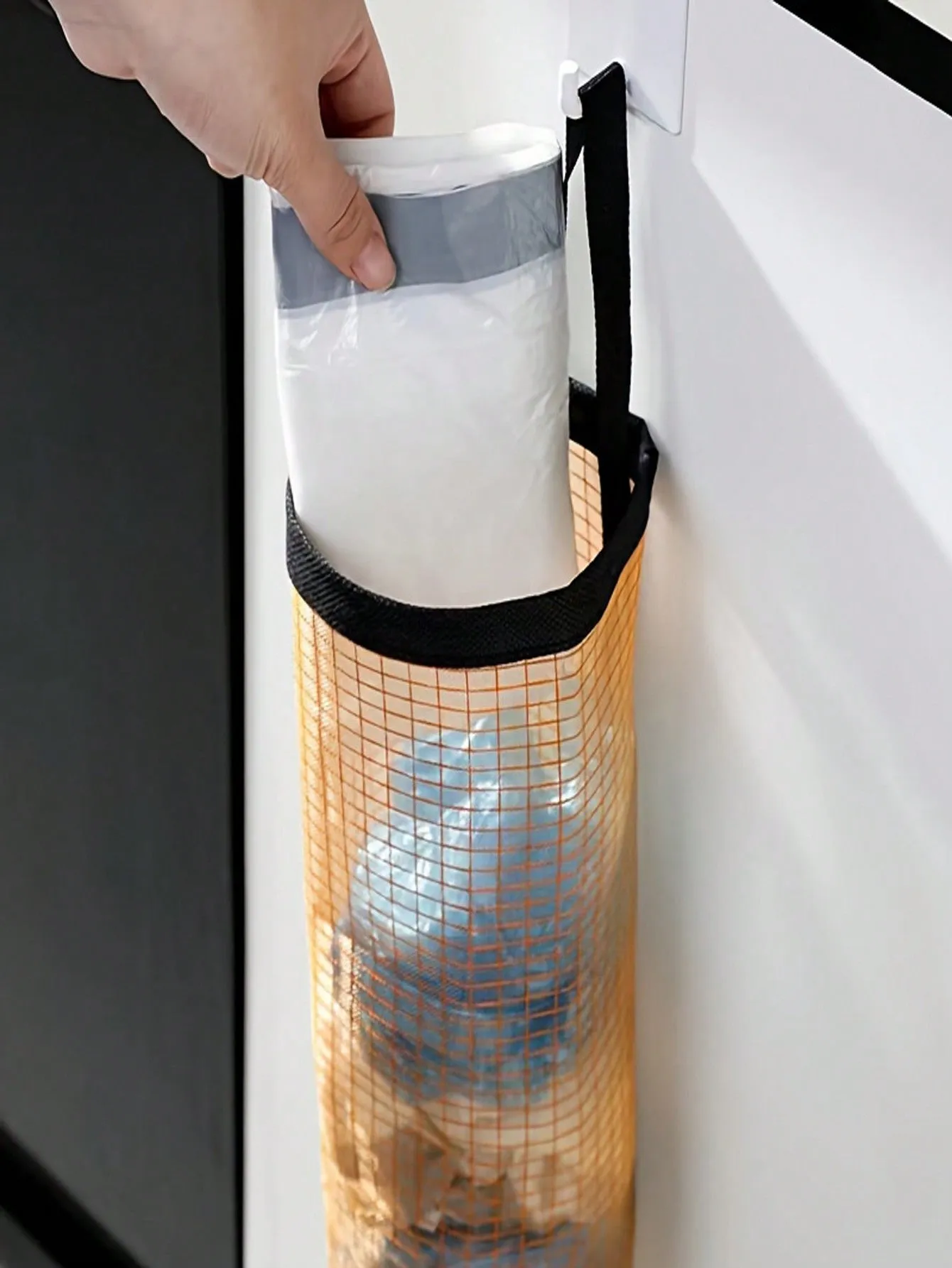 1pc Garbage Bag Storage Hanging Bag, Wall-Mounted Drawstring Shoe Storage Bag, Kitchen Plastic Bag Organizer, Woven Mesh Bag