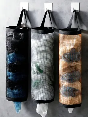 1pc Garbage Bag Storage Hanging Bag, Wall-Mounted Drawstring Shoe Storage Bag, Kitchen Plastic Bag Organizer, Woven Mesh Bag