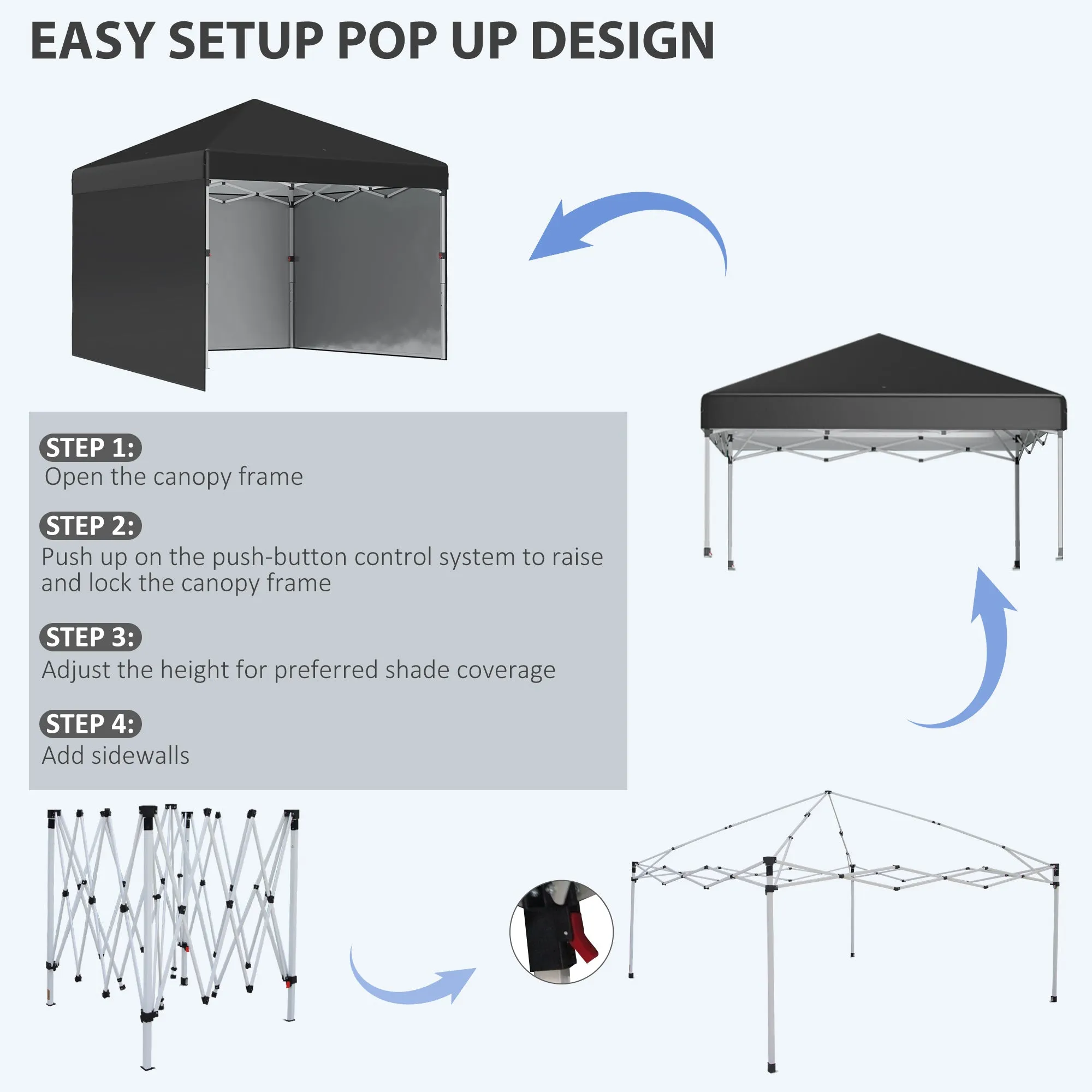 3 x 3 (M) Pop Up Gazebo Event Shelter, Height Adjustable Party Tent with 2 Sidewalls, Weight Bags and Wheeled Bag