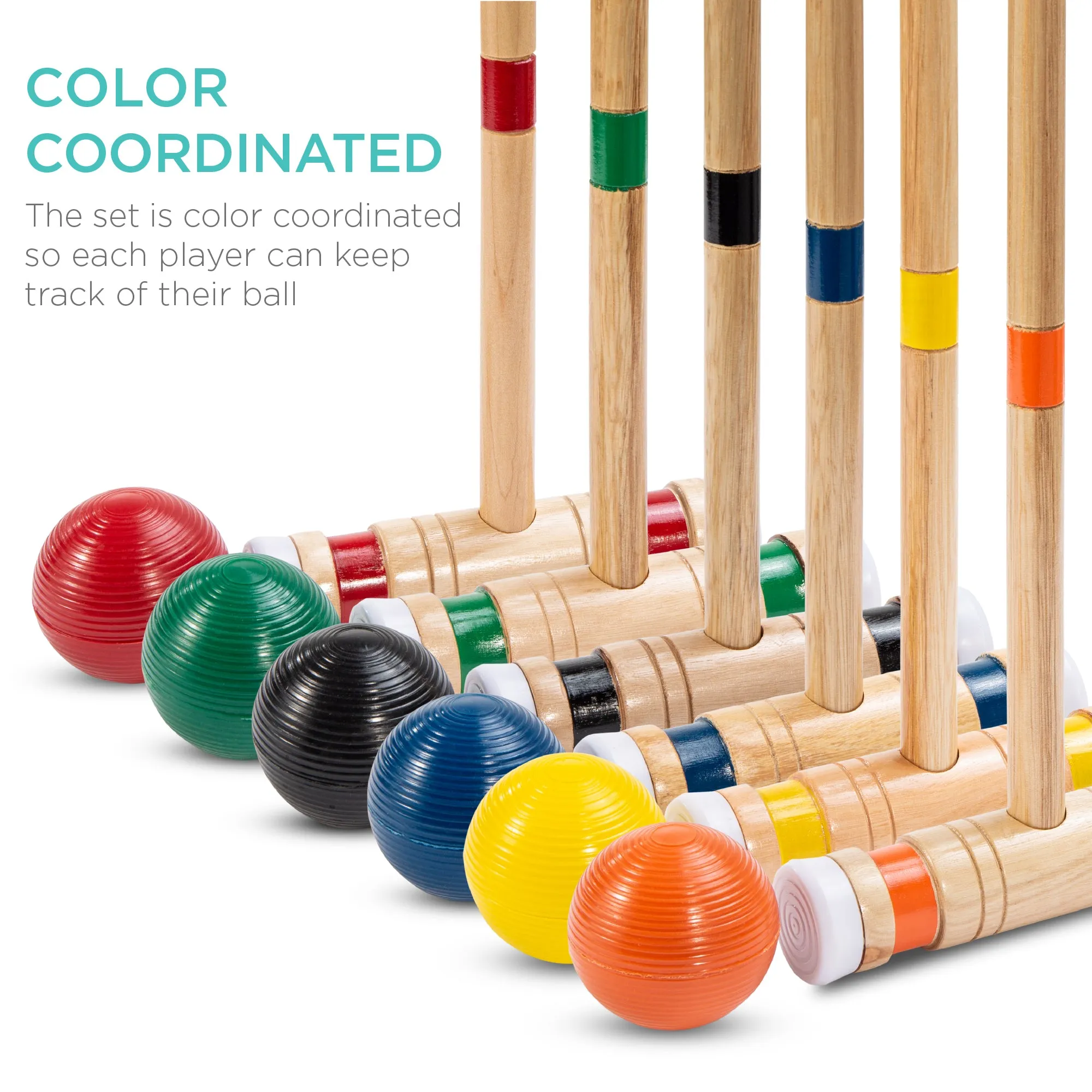 6-Player Wood Croquet Set w/ 6 Mallets, 6 Balls, Wickets, Stakes, Bag - 32in