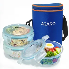 AGARO Elite Borosilicate Glass Lunch Box, 3pcs Set, 400ml Each, Office Tiffin Box with Bag, Men & Women, Round Shaped, Leak Proof & Airtight Locking Lid, Microwave, Oven & Freezer Safe, Transparent