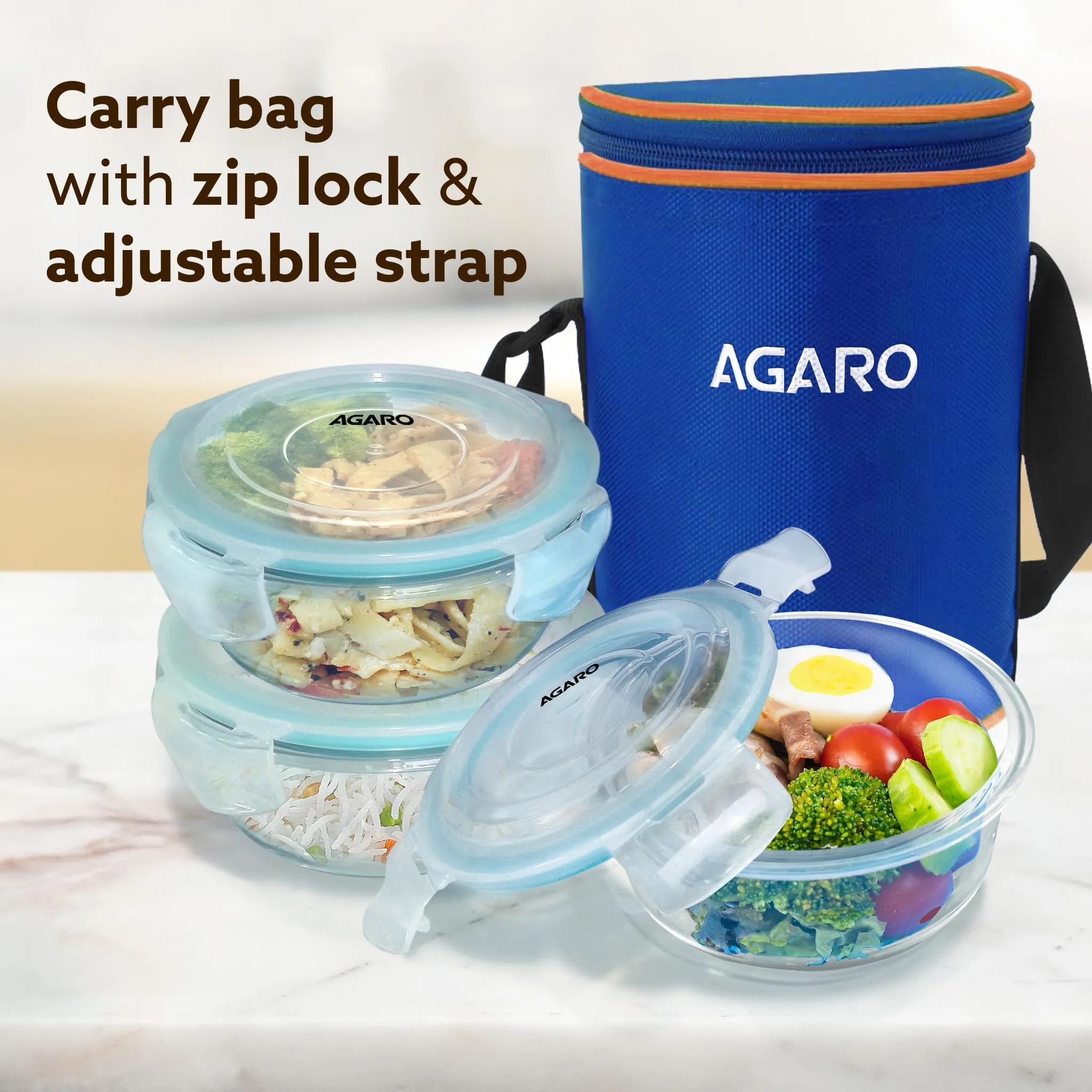 AGARO Elite Borosilicate Glass Lunch Box, 3pcs Set, 400ml Each, Office Tiffin Box with Bag, Men & Women, Round Shaped, Leak Proof & Airtight Locking Lid, Microwave, Oven & Freezer Safe, Transparent