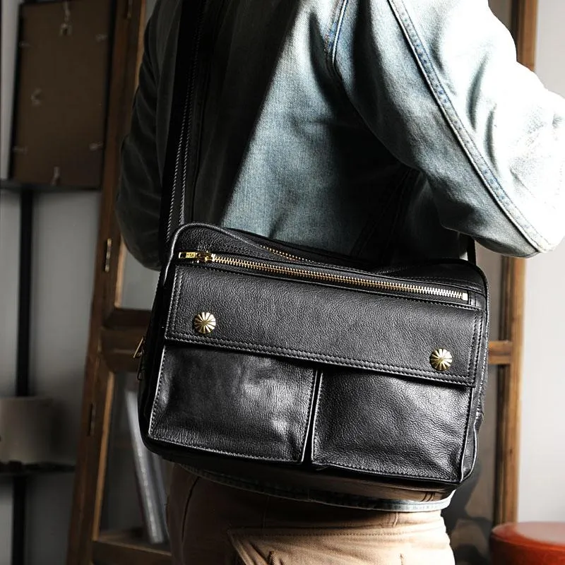 Black Genuine Leather Mens Cool Small Side Bag Messenger Bag Black Courier Bag for Men