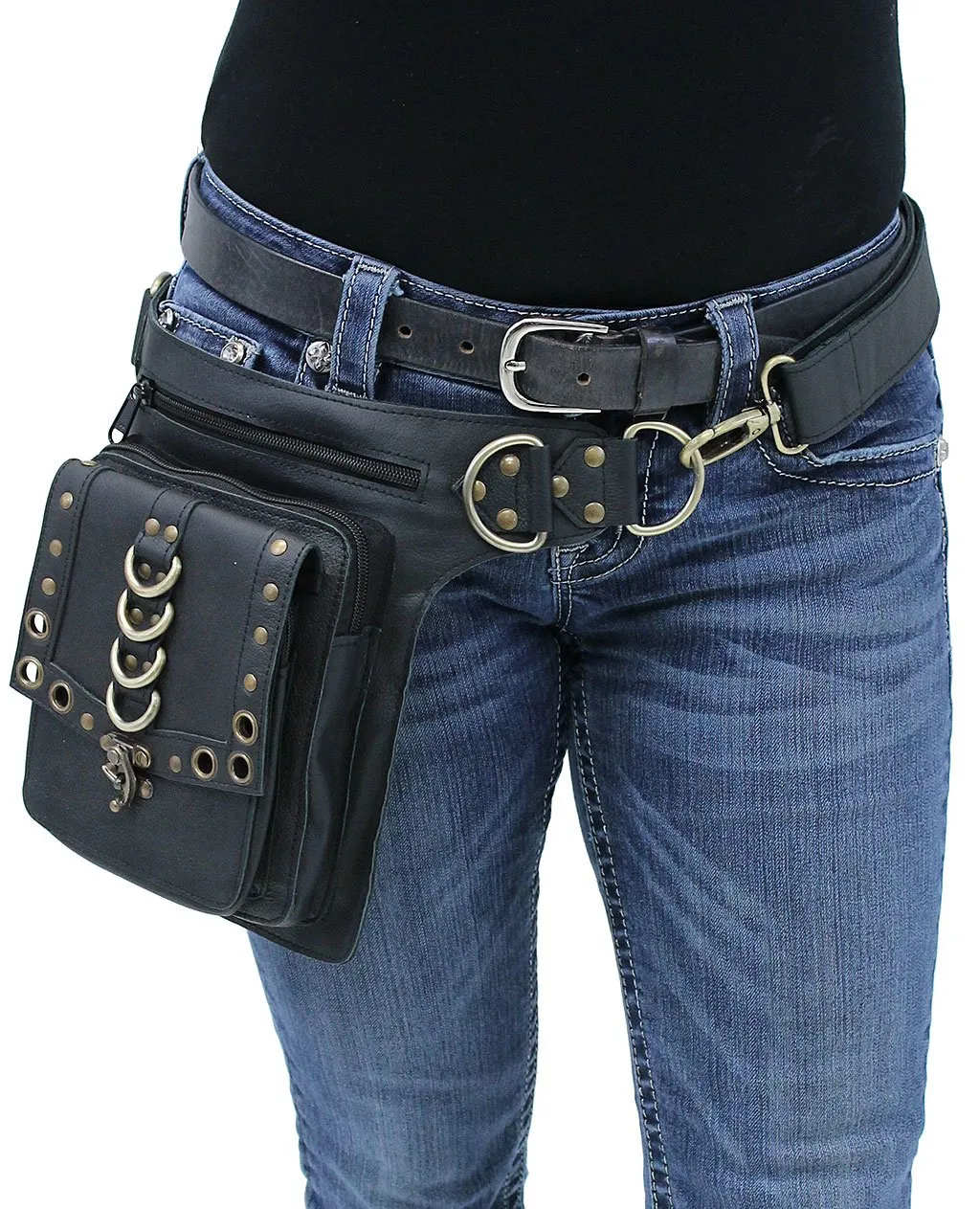 Black Heavy Leather Multi-D-Ring Thigh Bag Waistbag #TB70150DK