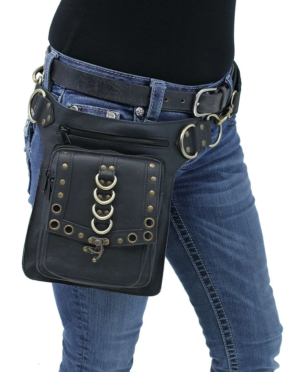 Black Heavy Leather Multi-D-Ring Thigh Bag Waistbag #TB70150DK