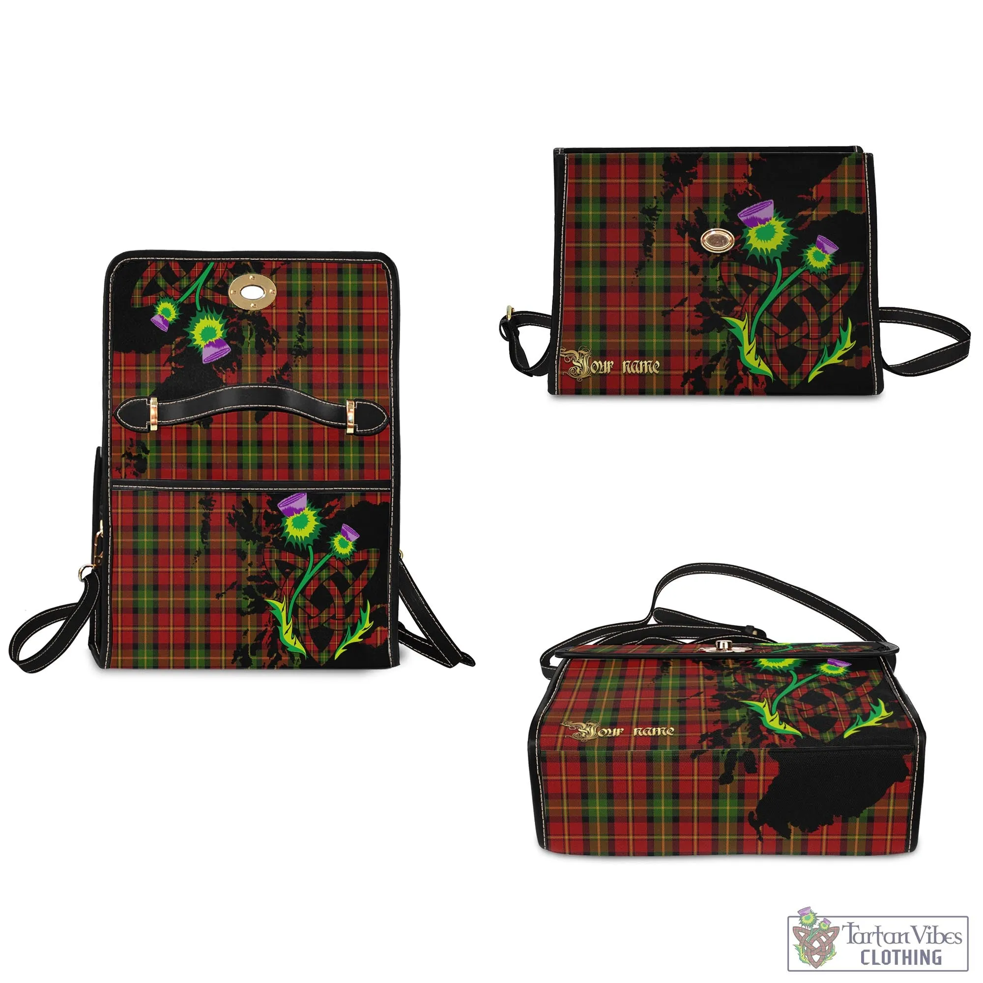 Blackstock Red Dress Tartan Waterproof Canvas Bag with Scotland Map and Thistle Celtic Accents