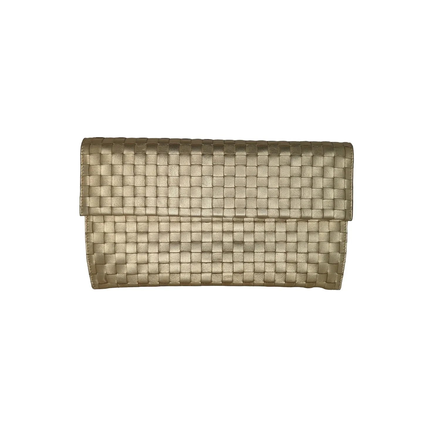 Bottega Veneta Metallic Gold Intrecciato Flap Clutch