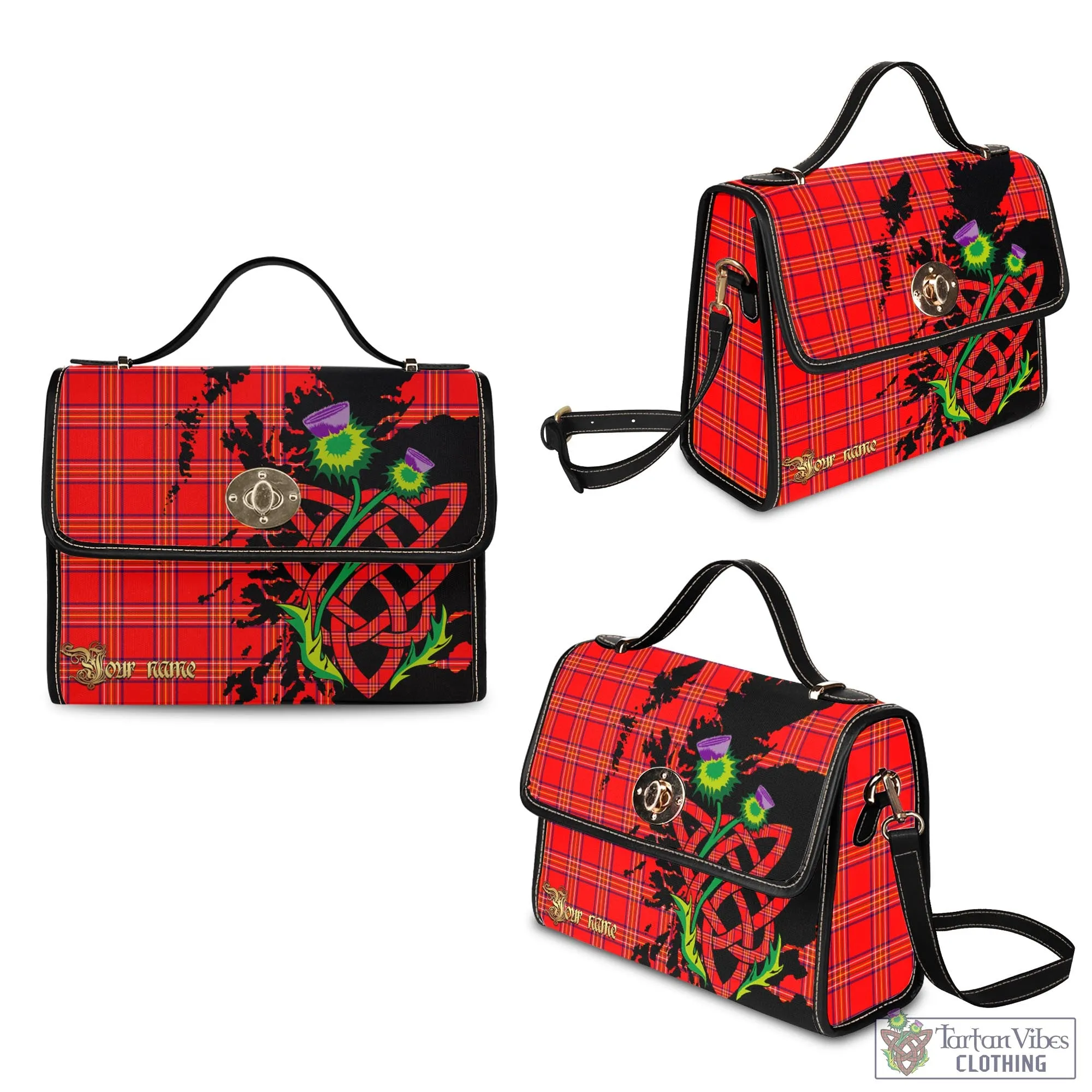 Burnett Modern Tartan Waterproof Canvas Bag with Scotland Map and Thistle Celtic Accents