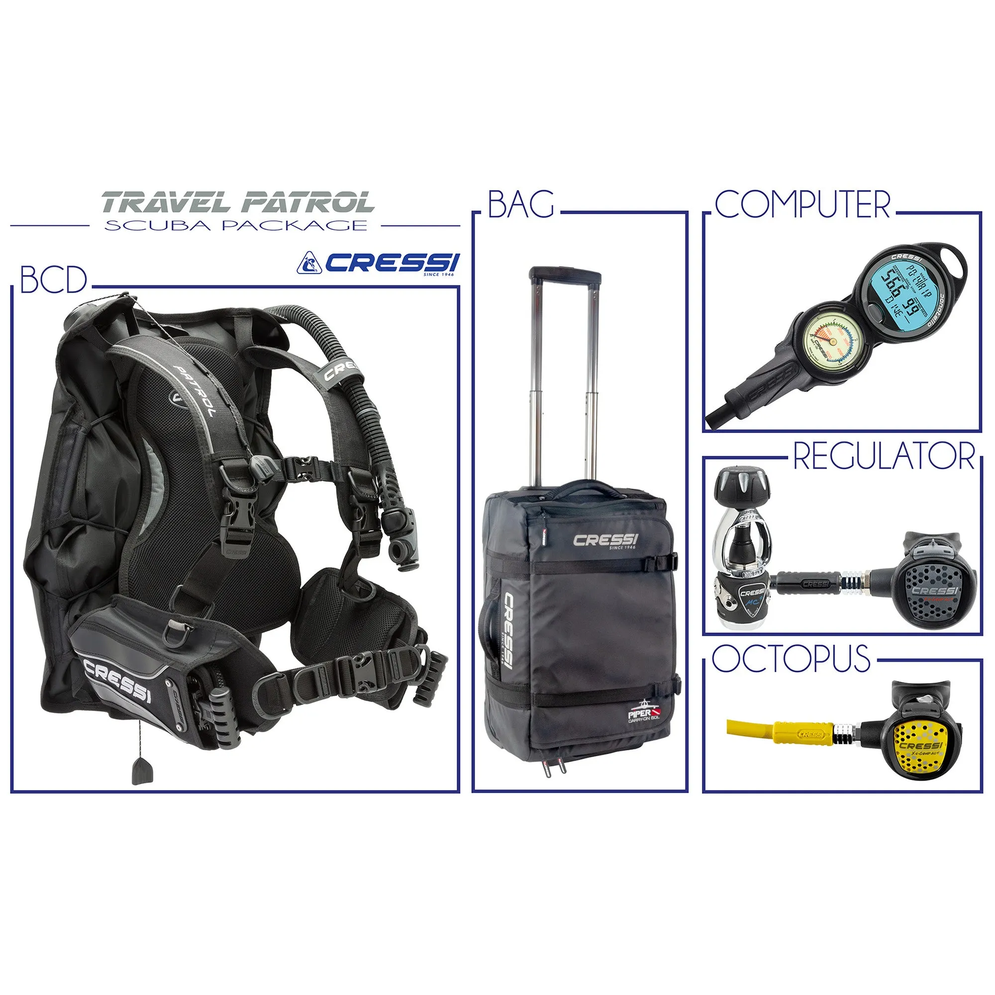 Cressi Travel Patrol Package - Complete with Patrol BCD, MC9 Compact Regulator, Octopus Compact, Donatello Console 2 and Piper Bag