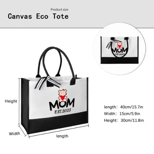 Custom Date Bears Mom Canvas Shoulder Tote Bag Embroidery Personalized Environmental Protection Handbag Mom Tote Bag Mommy Bag Mom Gift