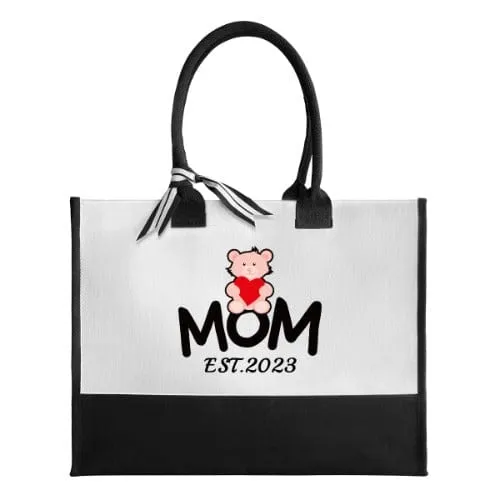 Custom Date Bears Mom Canvas Shoulder Tote Bag Embroidery Personalized Environmental Protection Handbag Mom Tote Bag Mommy Bag Mom Gift