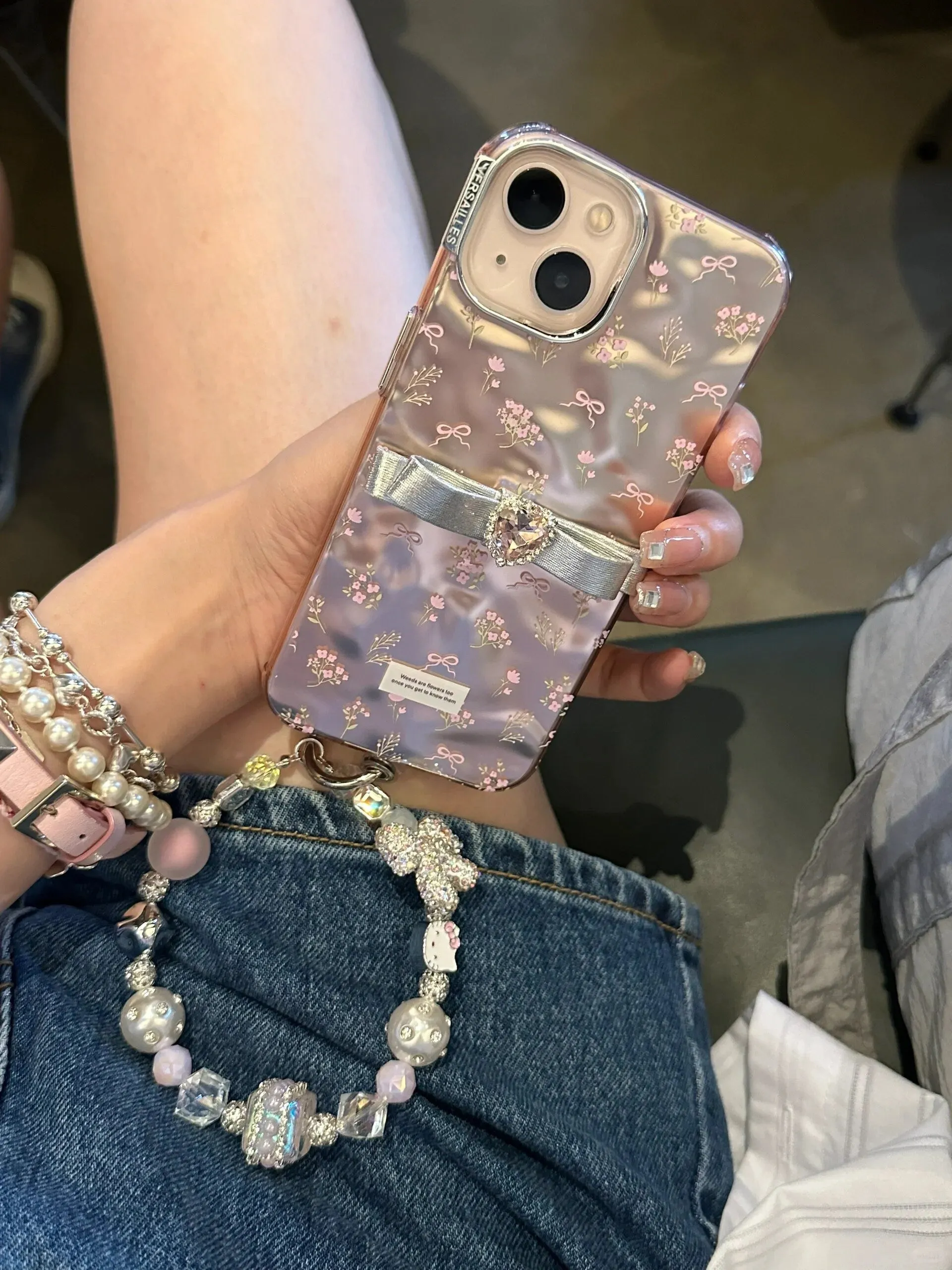 Cute Electroplated Light Pink Floral Ribbon Print Design   Bling Chain Hand Strap Protective iPhone Case for iPhone 11 12 13 14 15 Pro Max