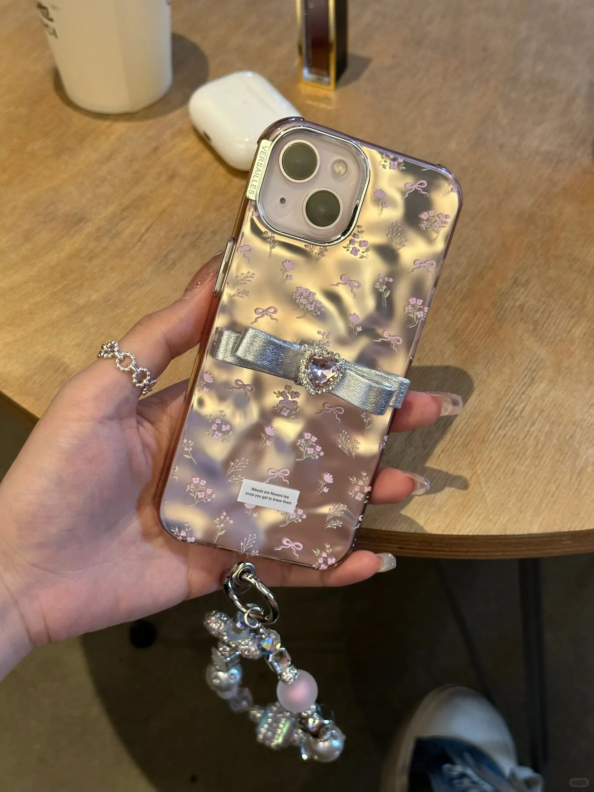 Cute Electroplated Light Pink Floral Ribbon Print Design   Bling Chain Hand Strap Protective iPhone Case for iPhone 11 12 13 14 15 Pro Max