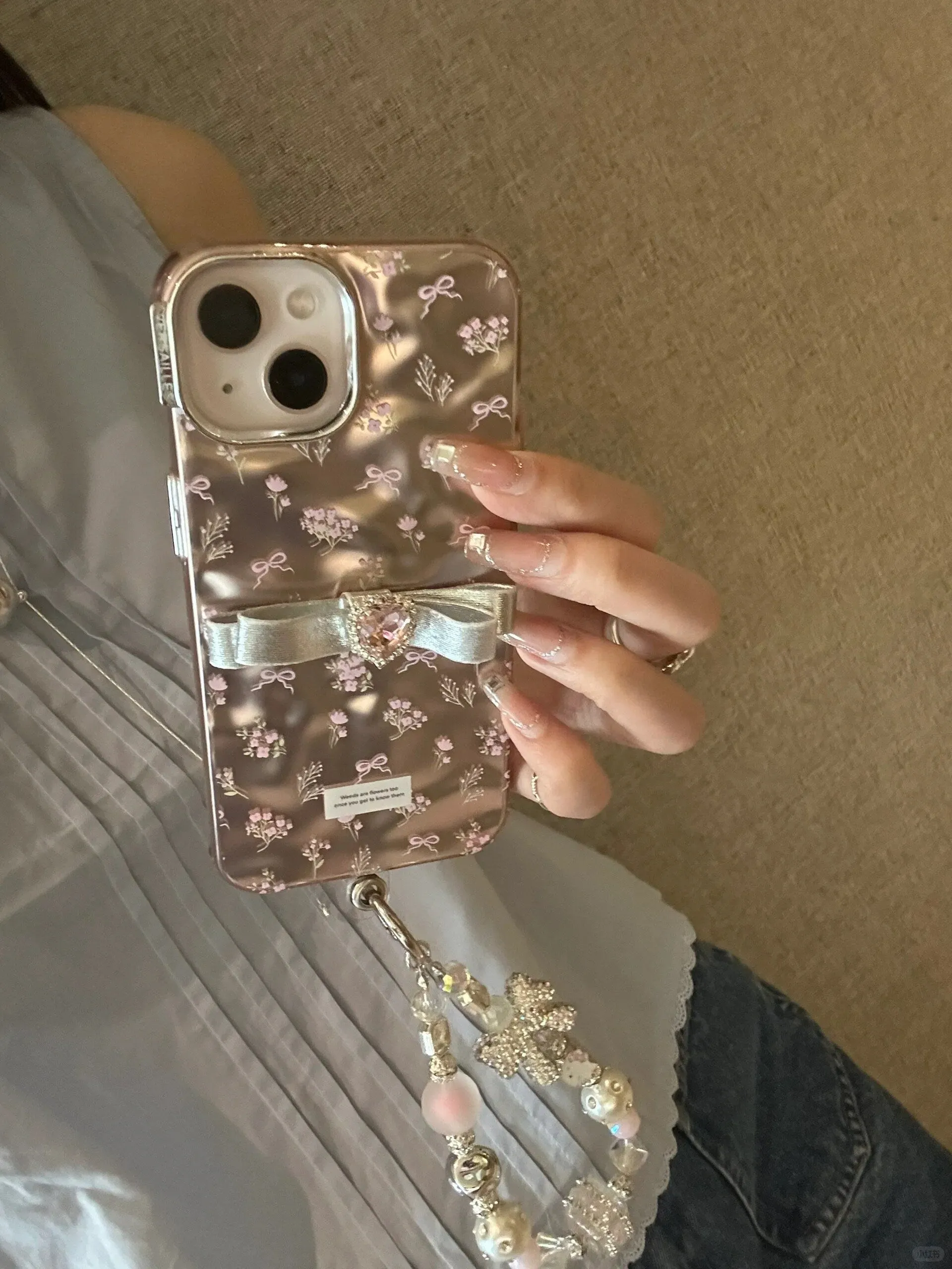 Cute Electroplated Light Pink Floral Ribbon Print Design   Bling Chain Hand Strap Protective iPhone Case for iPhone 11 12 13 14 15 Pro Max