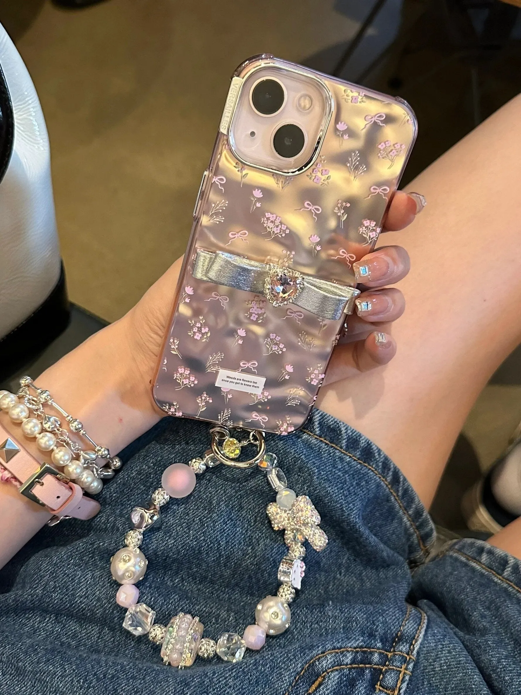 Cute Electroplated Light Pink Floral Ribbon Print Design   Bling Chain Hand Strap Protective iPhone Case for iPhone 11 12 13 14 15 Pro Max