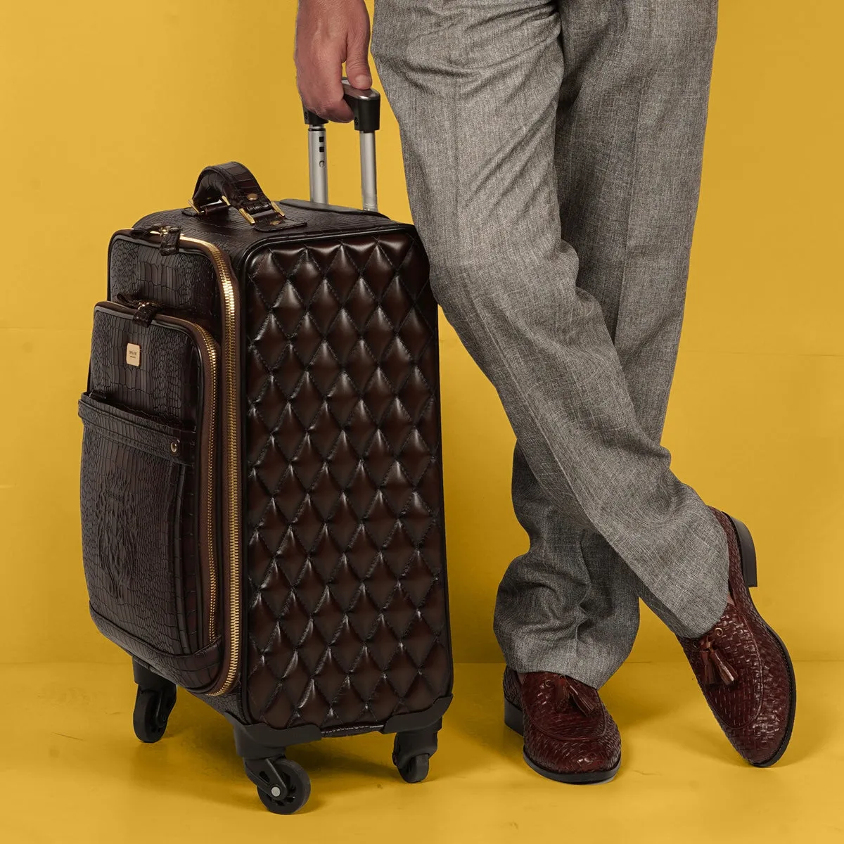 Dark Brown Croco Print With Diamond Stitched Quad Wheel Cabin Luggage Strolley Leather Bag by Brune & Bareskin