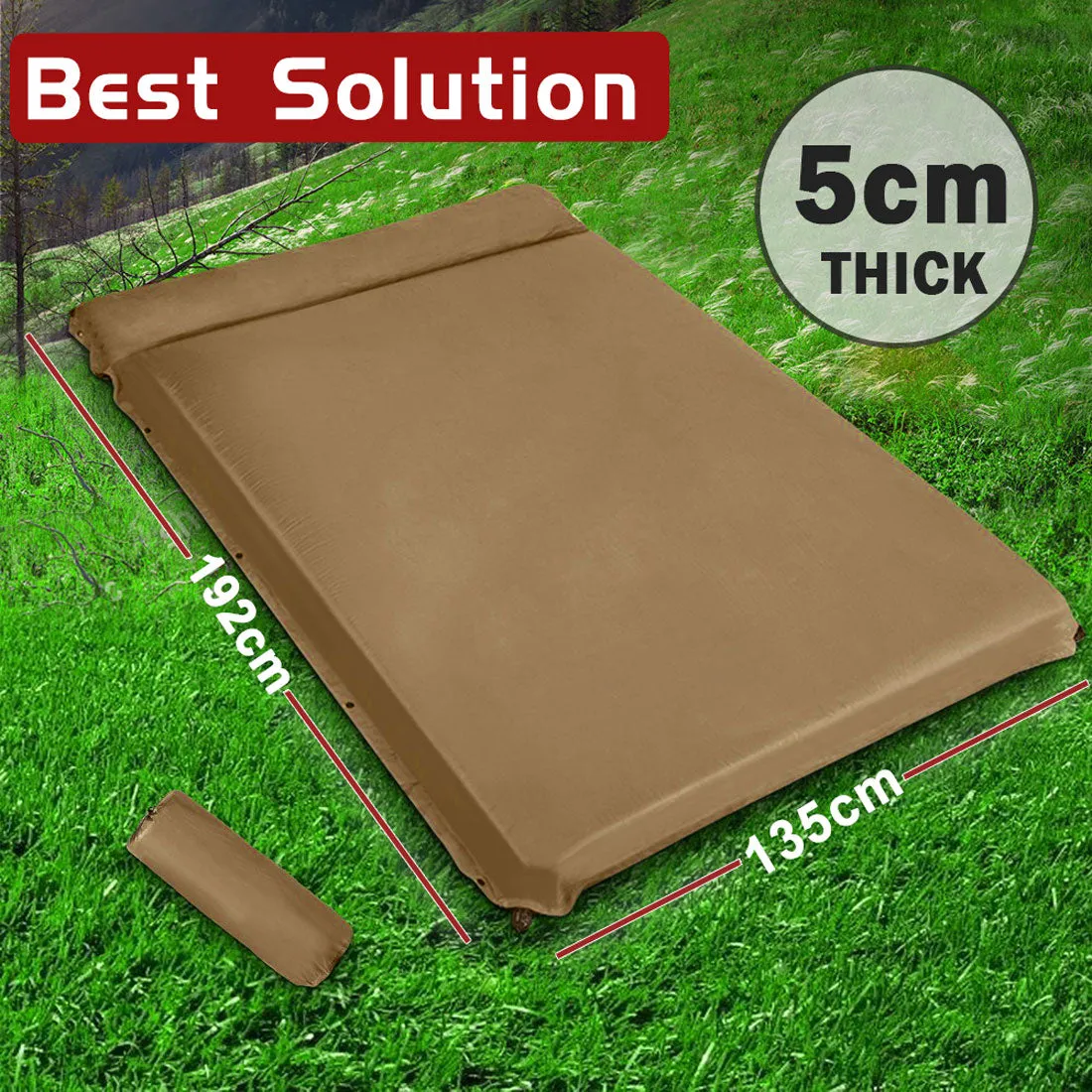 Double Self inflating Suede Mattress Mat Sleeping Pad Air Bed Camp Camping Hiking - beige