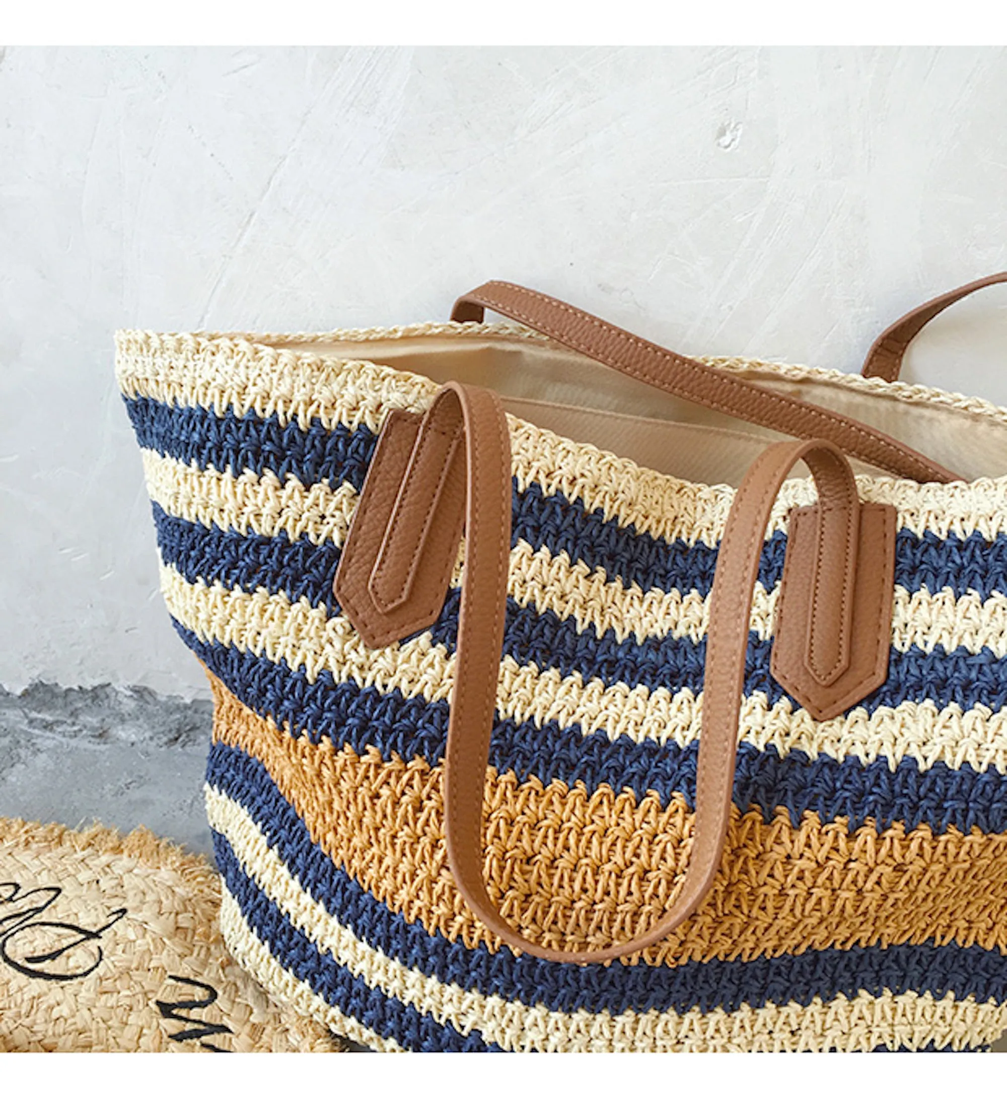 Elena Handbags Large Striped Straw Woven Tote Bag