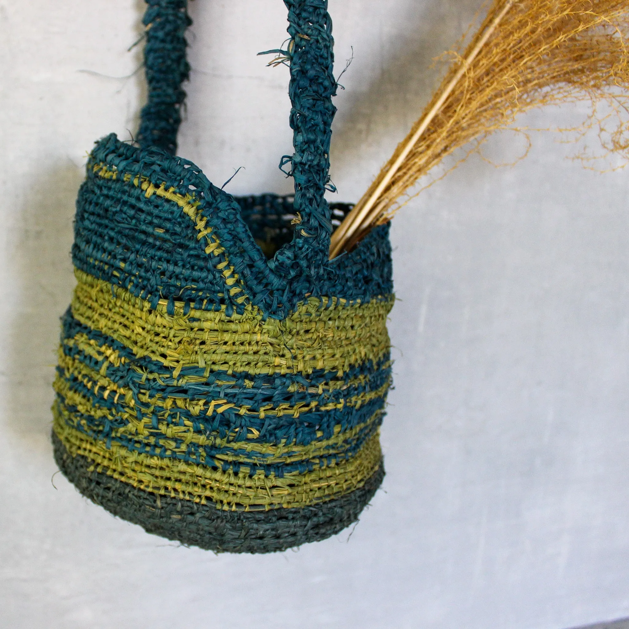 Handwoven Raffia Hanging Basket Green Blue