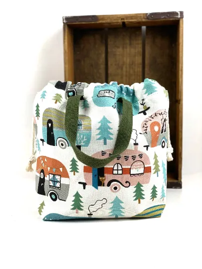 Happy Camper Project Bag,  Canvas Project Bag, Project Bag for Knitters, Crochet Project Bag, Handmade by Kitchen Klutter