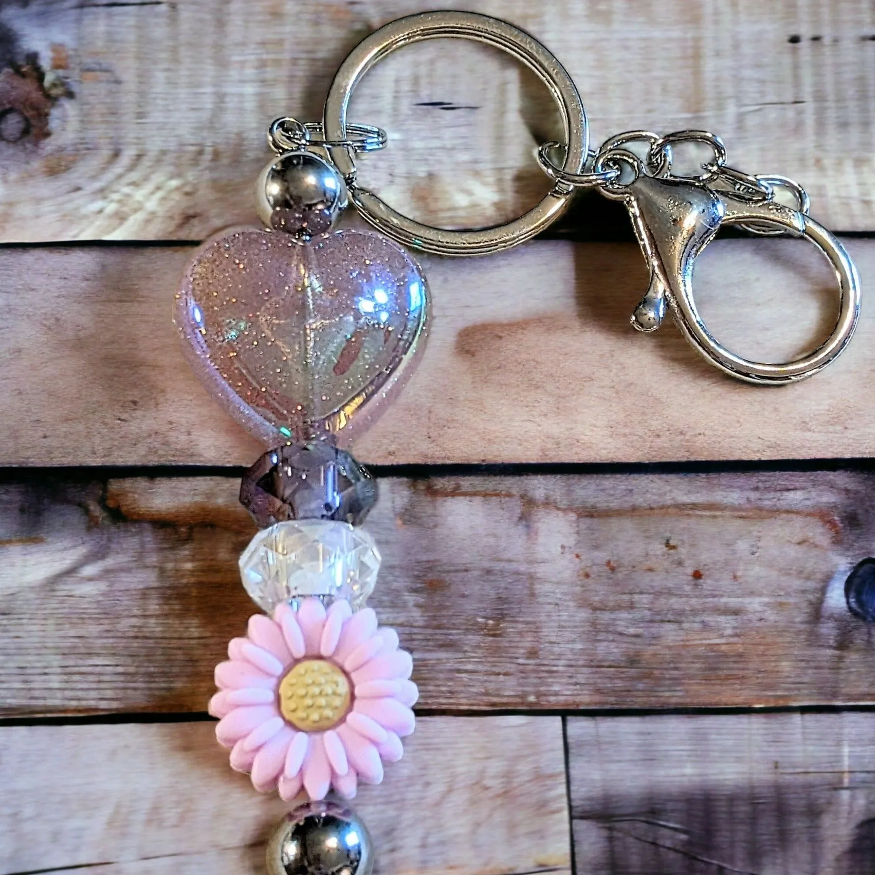 Heart & Flower Crystal Keychain/Purse Clip