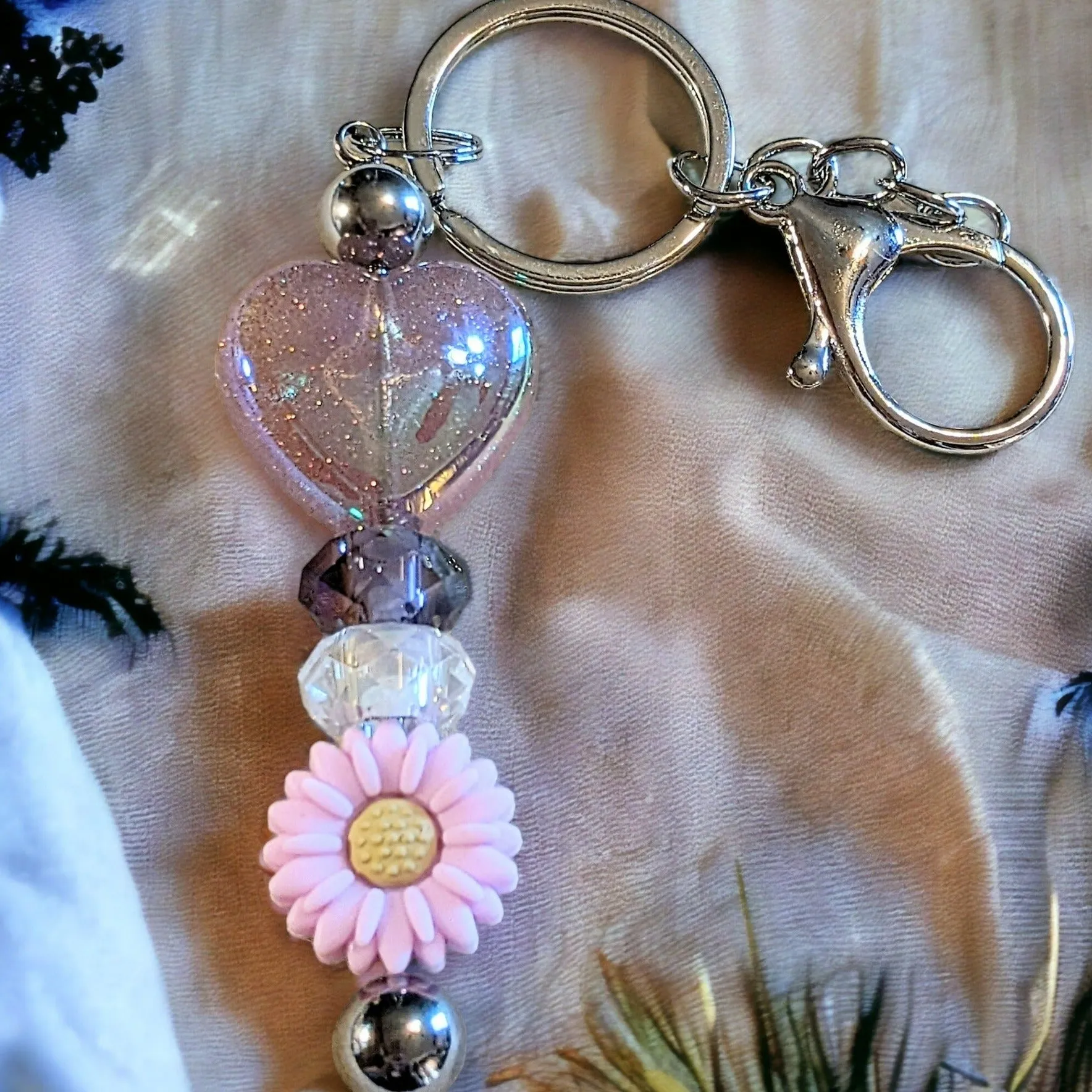 Heart & Flower Crystal Keychain/Purse Clip