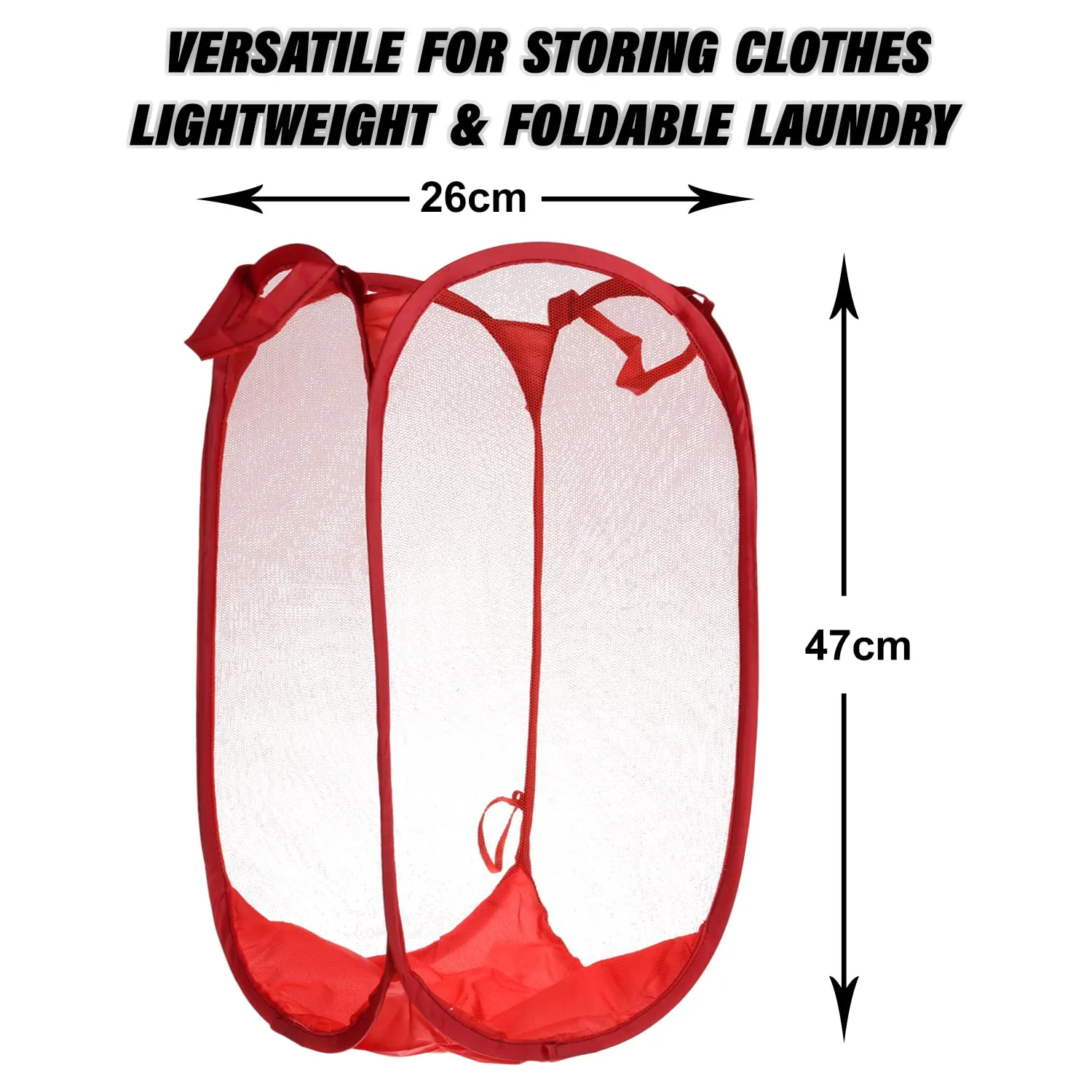 Heart Home Net Laundry Basket | Foldable & Lighweight Clothes Basket for Kids Room | Nylon Durable Storage Basket with handle | Small | Pack of 3 | Red