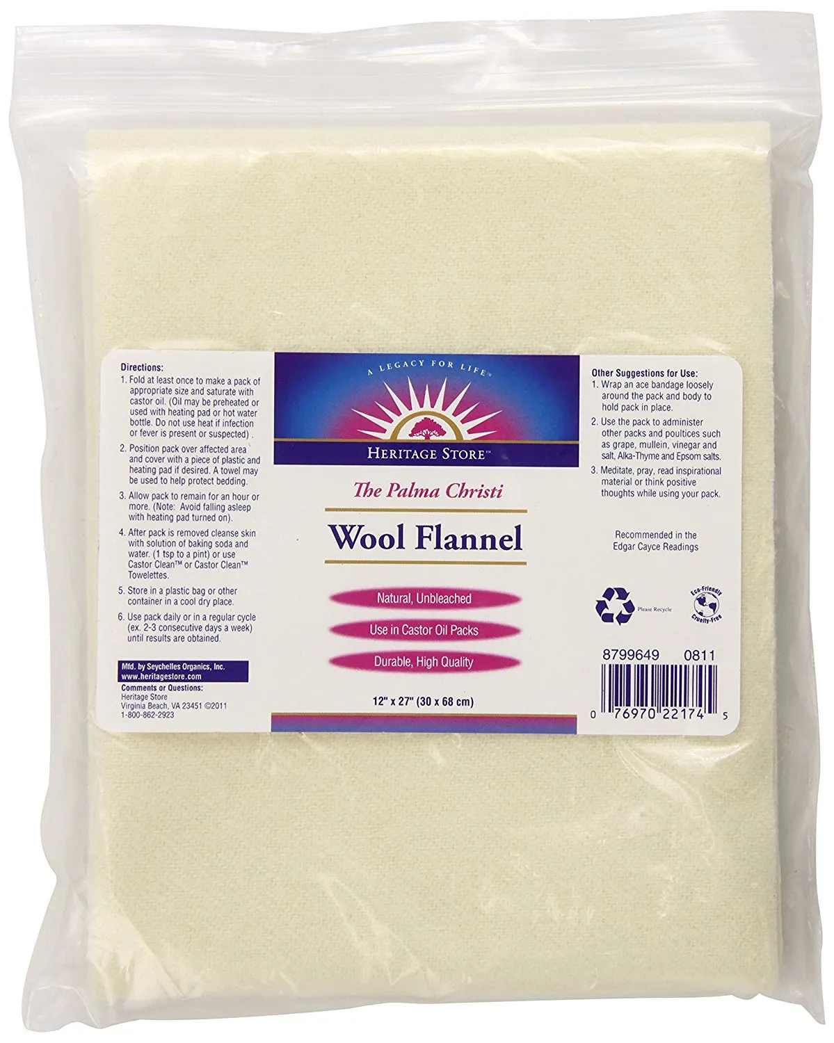 HERITAGE - Castor Oil Wool Flannel Pack - 1 Cloth (12" x 27")