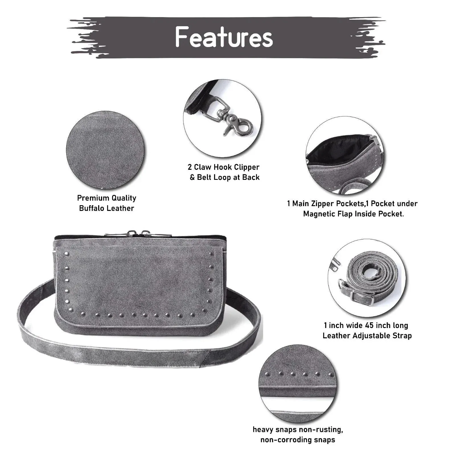 HL80151GRAY Stud Leather Hip Clip Purse Bag Women Grey Waist Bag Fanny Pack Motorcycle GRAY