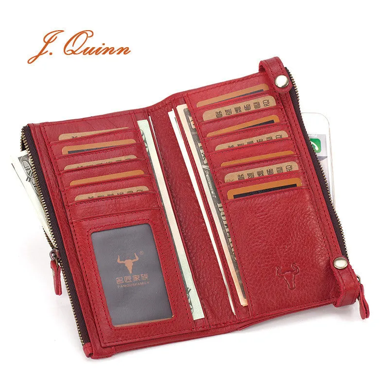 J.Quinn Red Purse Women's Wallets Genuine Leather Zipper Calfskin Female Wallet Women Luxury Brand Long Cow Ladies Purses Bifold