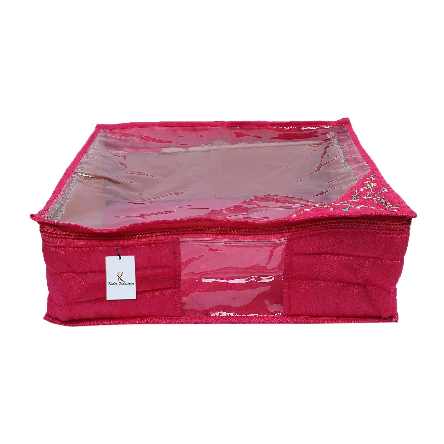 Kuber Industries 3 Layered Quilted Silk 3 Pieces Saree Cover (Pink) -CTLTC10629