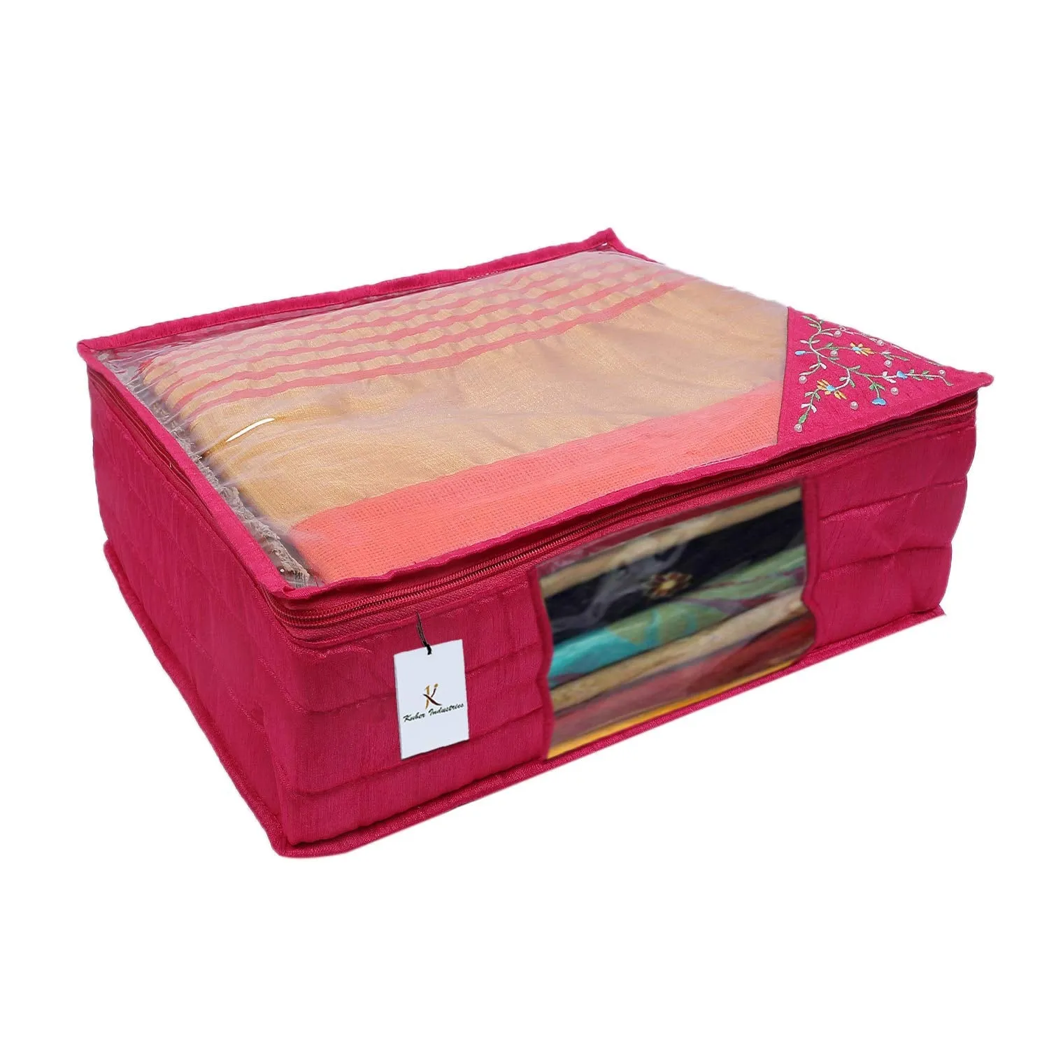 Kuber Industries 3 Layered Quilted Silk 3 Pieces Saree Cover (Pink) -CTLTC10629