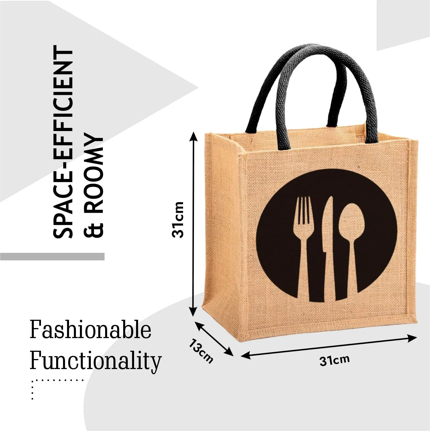 Kuber Industries Grocery Bag | Jute Carry Bag | Reusable Shopping Bag | Lunch Handbag | Zipper Grocery Bag with Handle | Black Spoon Fork-Print Grocery Bag | Brown