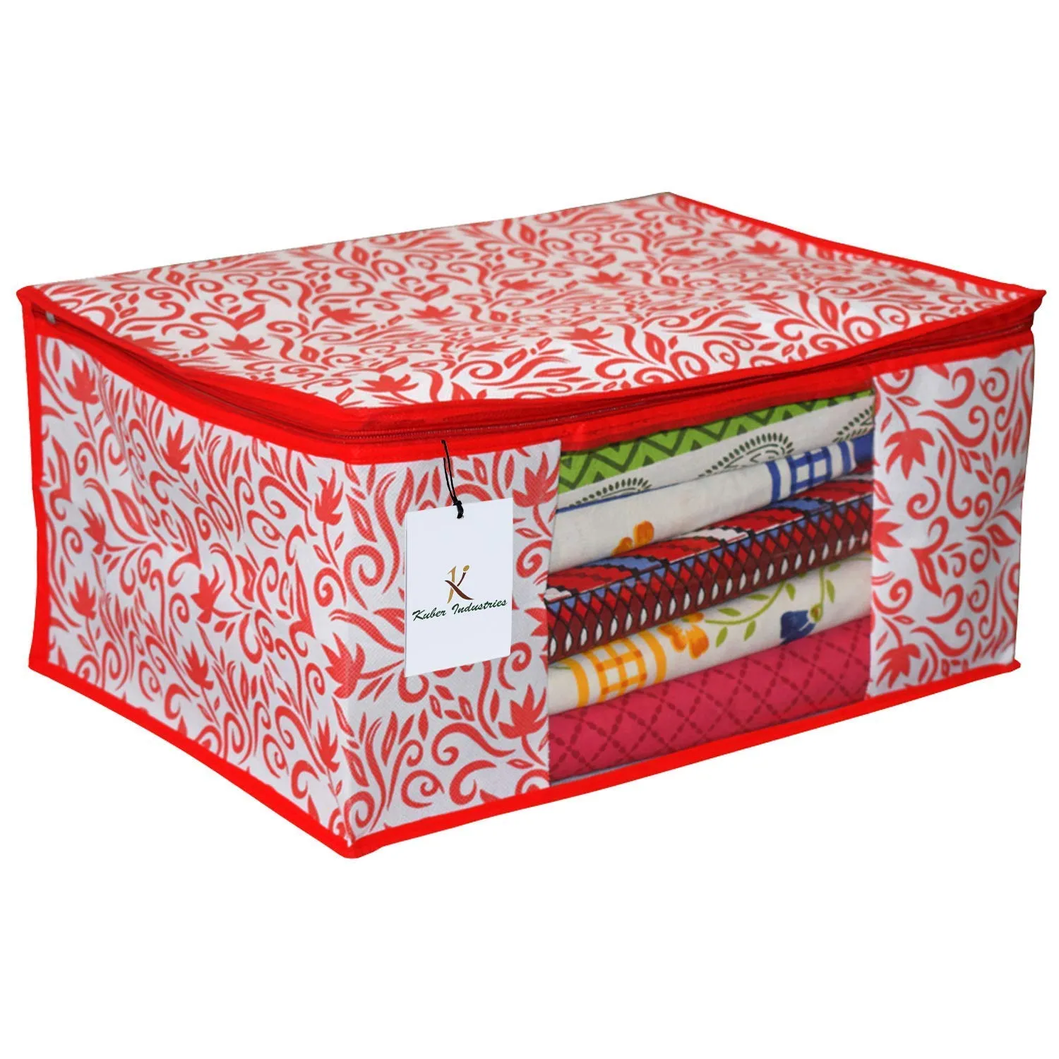 Kuber Industries Leaf Design 2 Piece Non Woven Saree Cover and 2 Pieces Underbed Storage Bag, Storage Organiser, Blanket Cover, Red & Pink -CTKTC42370