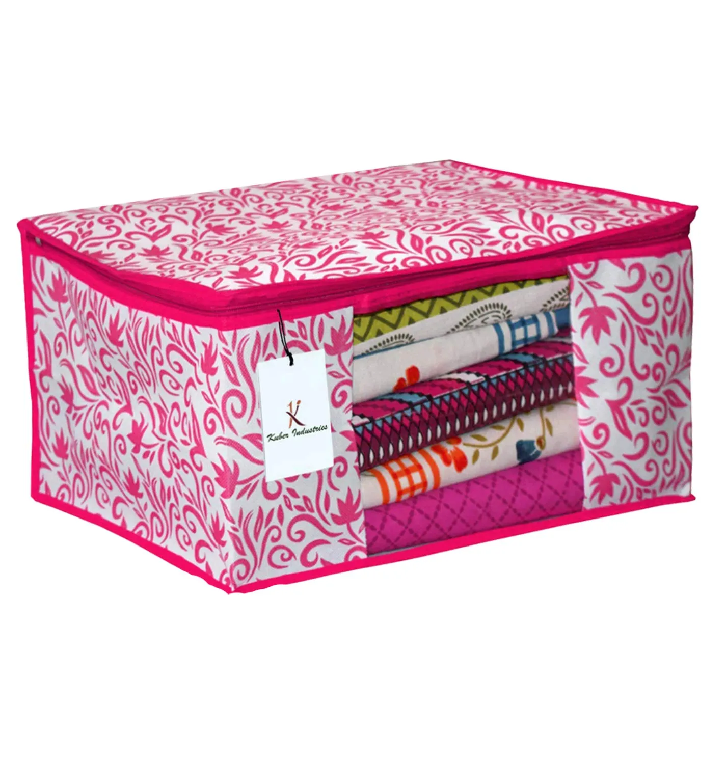 Kuber Industries Leaf Design 2 Piece Non Woven Saree Cover and 2 Pieces Underbed Storage Bag, Storage Organiser, Blanket Cover, Red & Pink -CTKTC42370