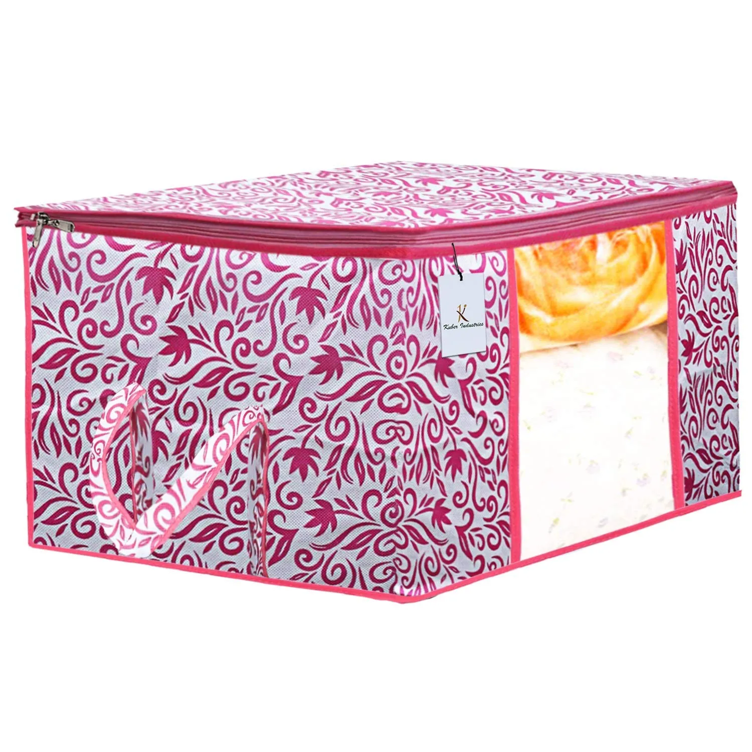 Kuber Industries Leaf Design 2 Piece Non Woven Saree Cover and 2 Pieces Underbed Storage Bag, Storage Organiser, Blanket Cover, Red & Pink -CTKTC42370