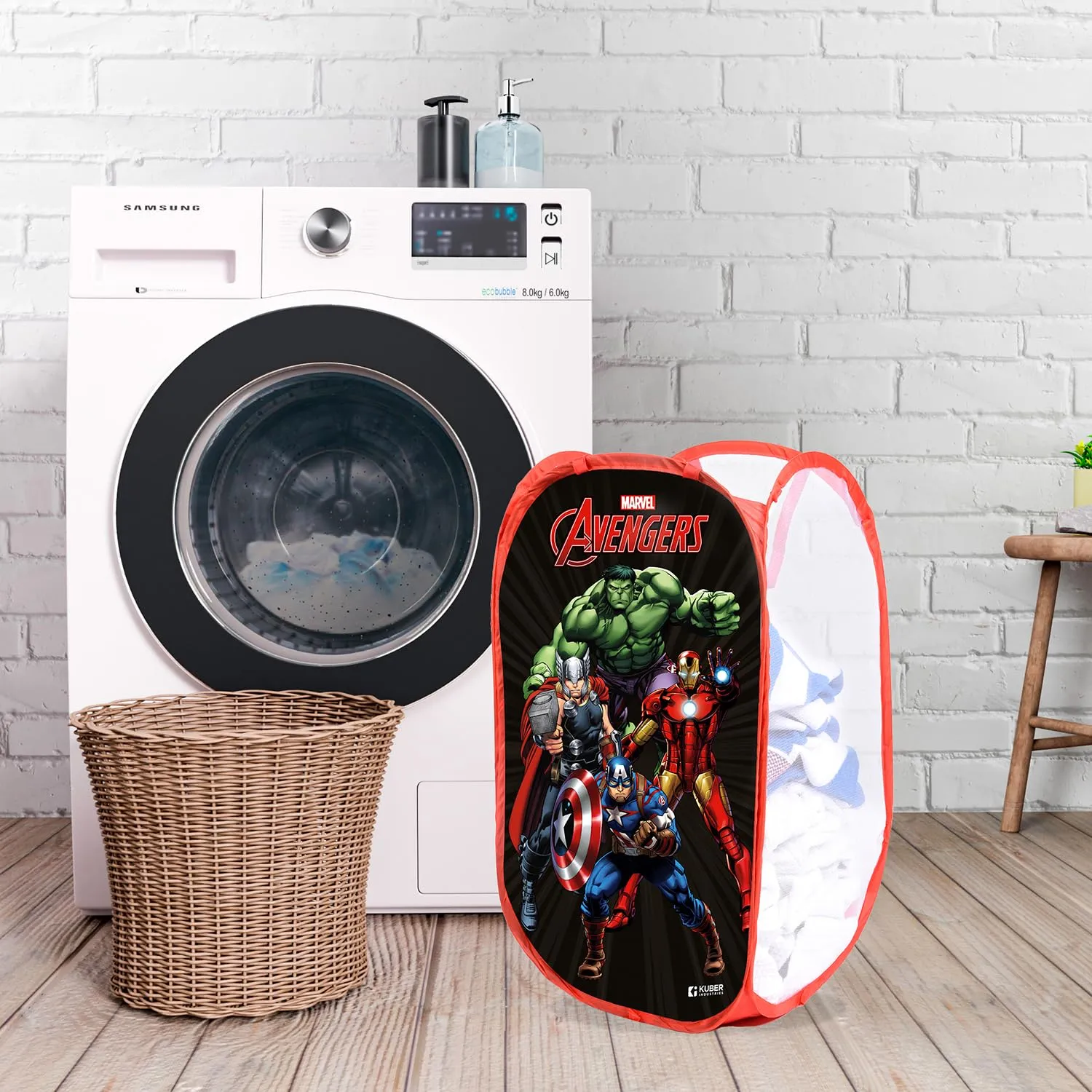 Kuber Industries Marvel Avengers Laundry Basket | Net Foldable Laundry | Nylon Storage Basket with Handle | Clothes Basket for Toy Storage | 30 LTR | Pack of 2 | Black