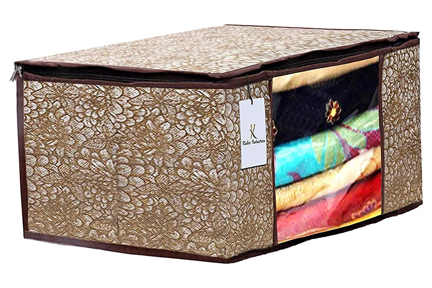 Kuber Industries Metalic & Flower Printed 3 Piece Non Woven Saree Cover and 3 Pieces Underbed Storage Bag, Storage Organiser, Blanket Cover, Golden Brown & Pink & Blue -CTKTC042410