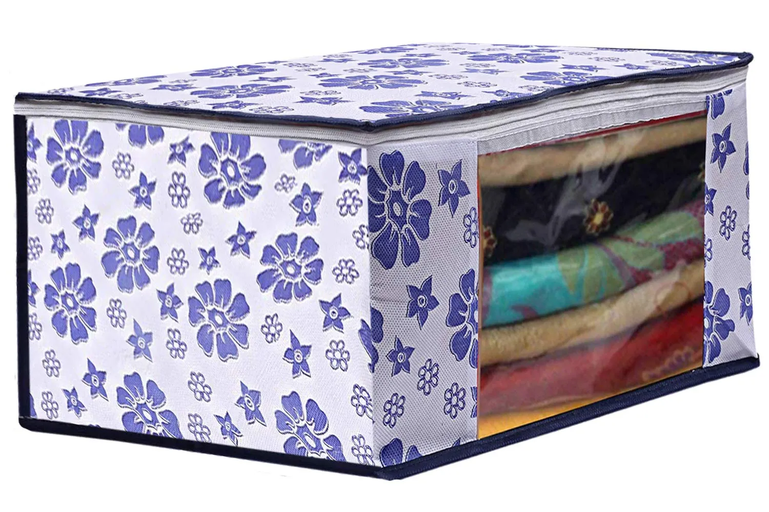 Kuber Industries Metalic & Flower Printed 4 Piece Non Woven Saree Cover and 4 Pieces Underbed Storage Bag, Storage Organiser, Blanket Cover, Pink & Blue & Ivory Red & Golden Brown -CTKTC042449