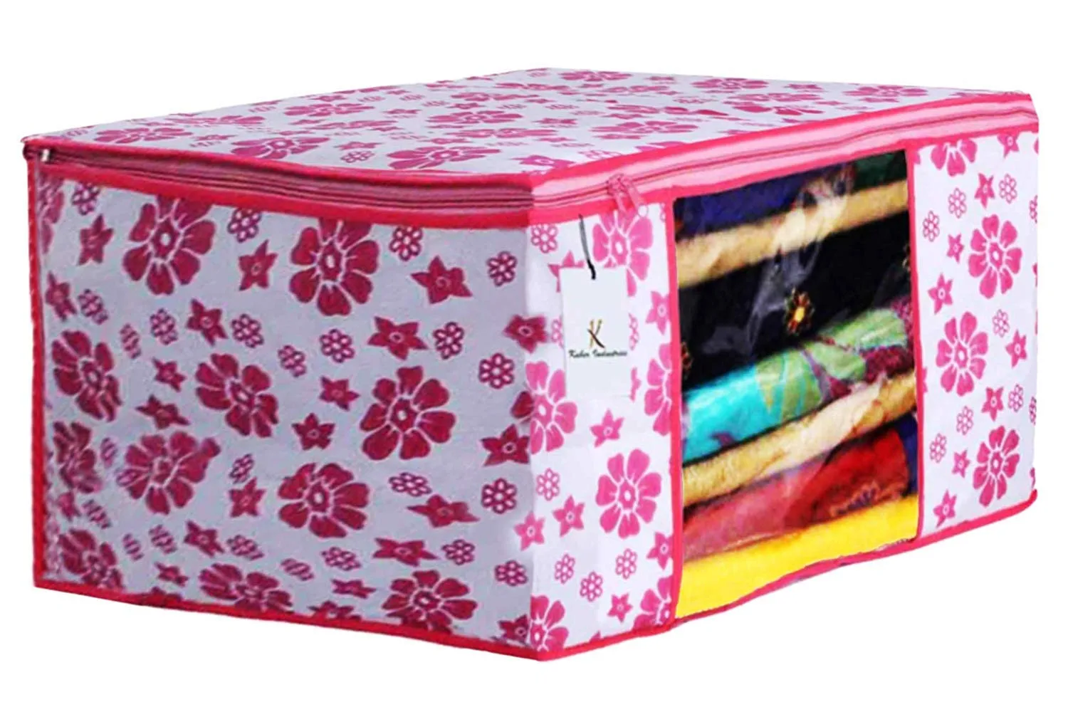 Kuber Industries Metalic & Flower Printed 4 Piece Non Woven Saree Cover and 4 Pieces Underbed Storage Bag, Storage Organiser, Blanket Cover, Pink & Blue & Ivory Red & Golden Brown -CTKTC042449