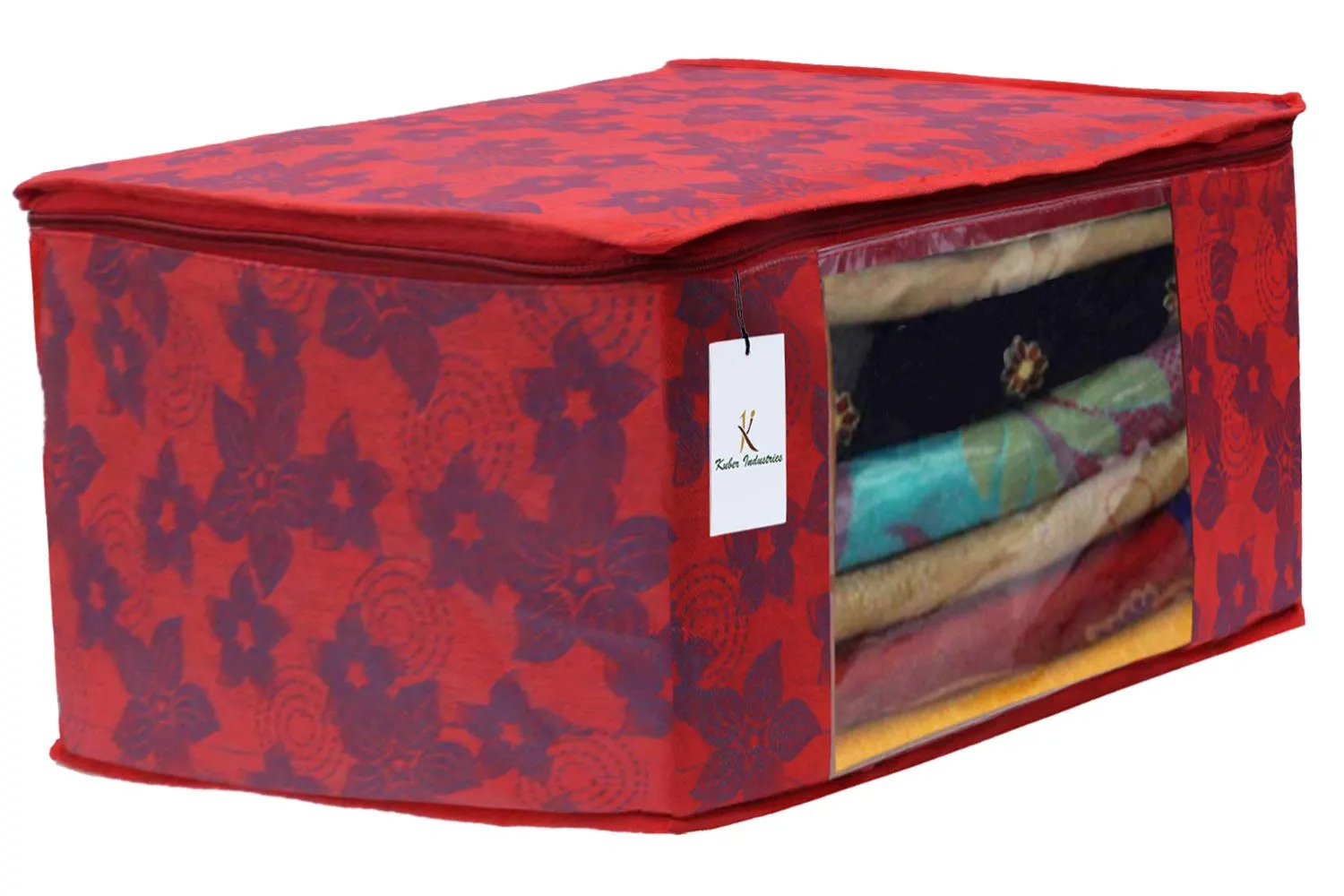 Kuber Industries Metalic Printed 6 Piece Non Woven Saree Cover and 6 Pieces Underbed Storage Bag, Storage Organiser, Blanket Cover, Green & Red -CTKTC042486