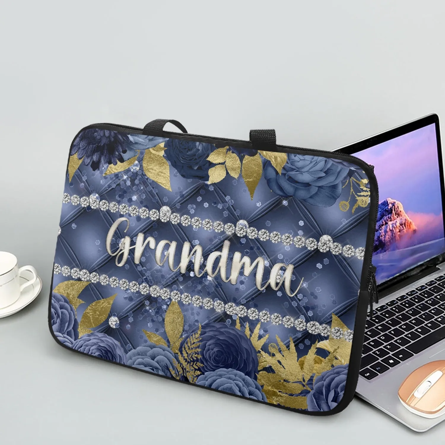 Laptop Sleeve with handles - Navy Floral - Grandma