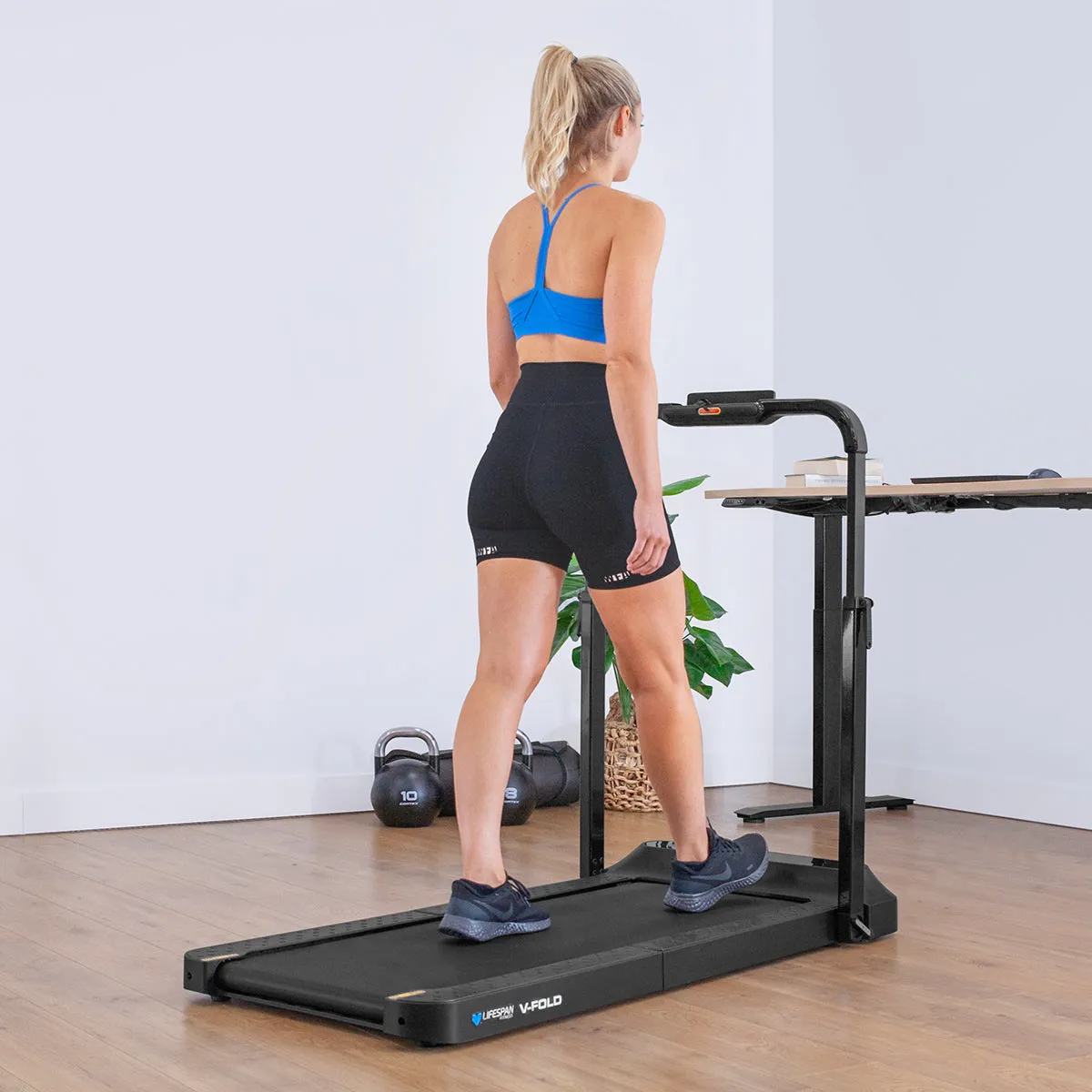 Lifespan Fitness - V-FOLD Treadmill with ErgoDesk Automatic Standing Desk 1800mm in Oak