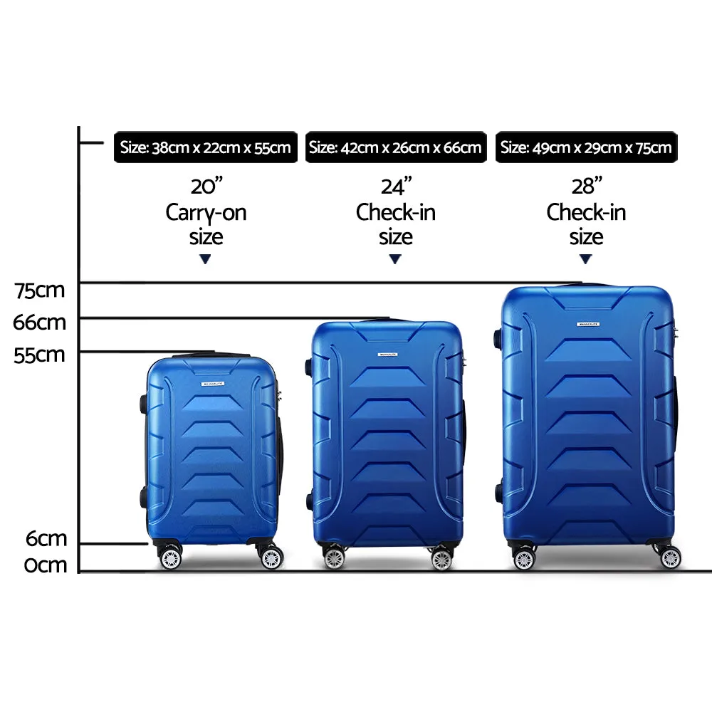 Lightweight 3pc Luggage Trolley Set, TSA Locks, Blue - Wanderlite