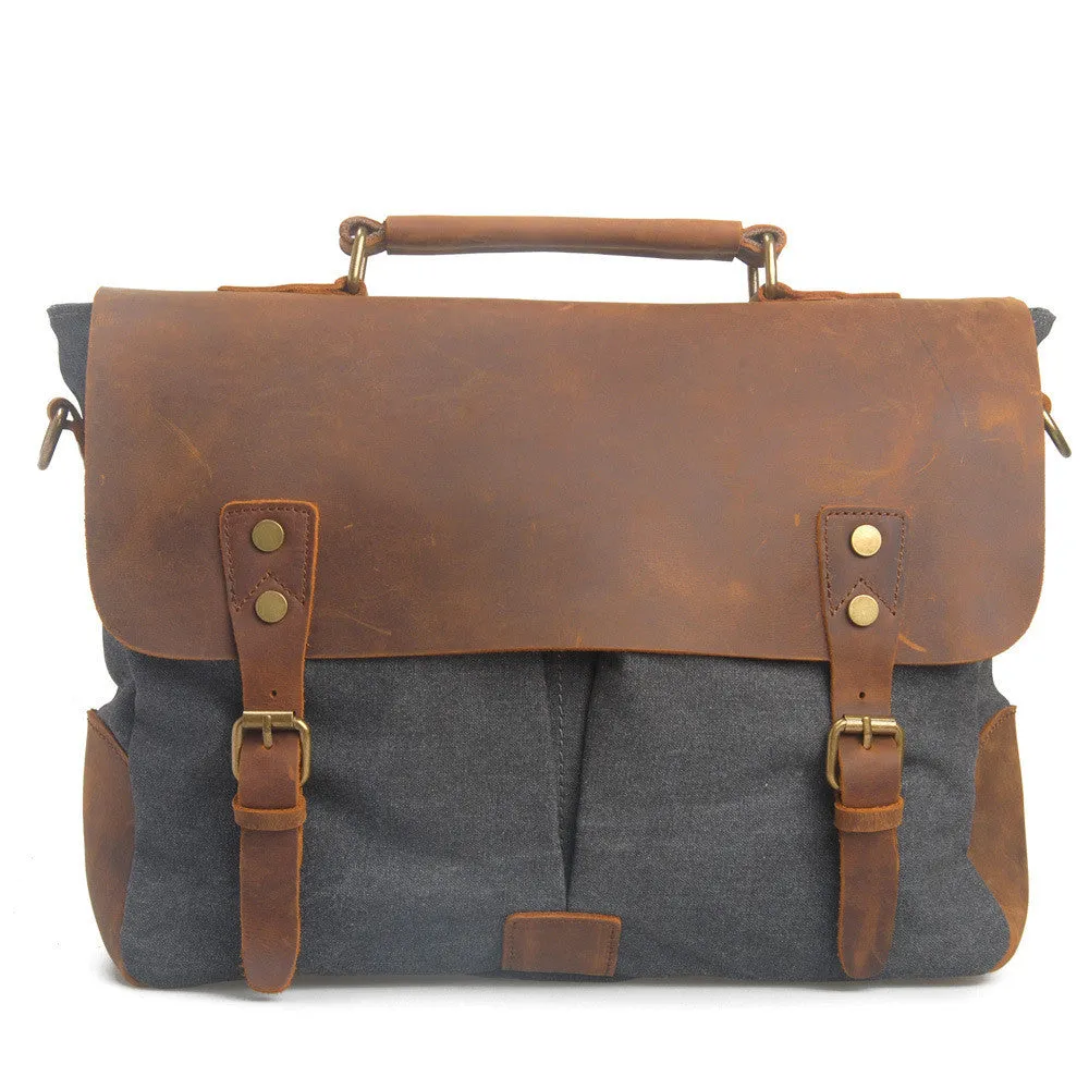 Messenger Satchel bag for men and women,Vintage canvas real leather 14-inch Laptop Briefcase