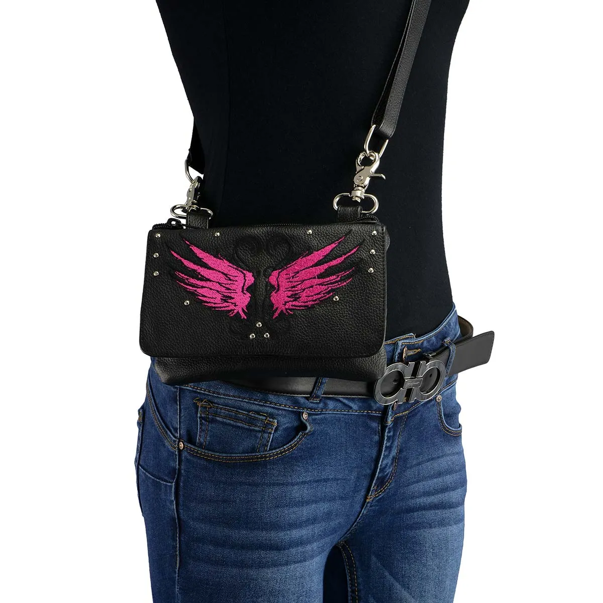 Milwaukee Leather MP8850 Ladies 'Winged' Leather Black and Pink Multi-Pocket Belt Bag