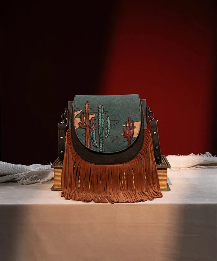 Montana West Cactus Embroidered Fringe Crossbody Bag