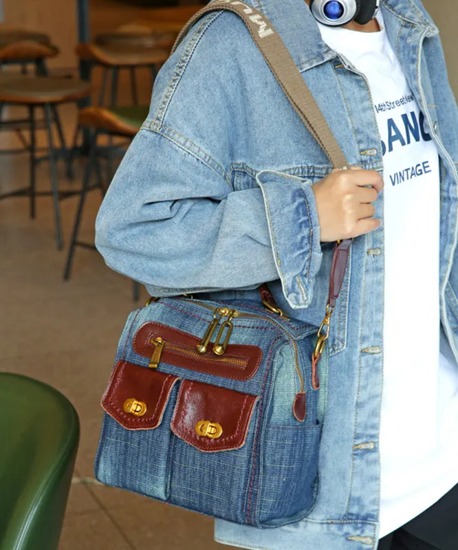 Natural Denim Blue Patchwork Canvas Backpack Bag MM033