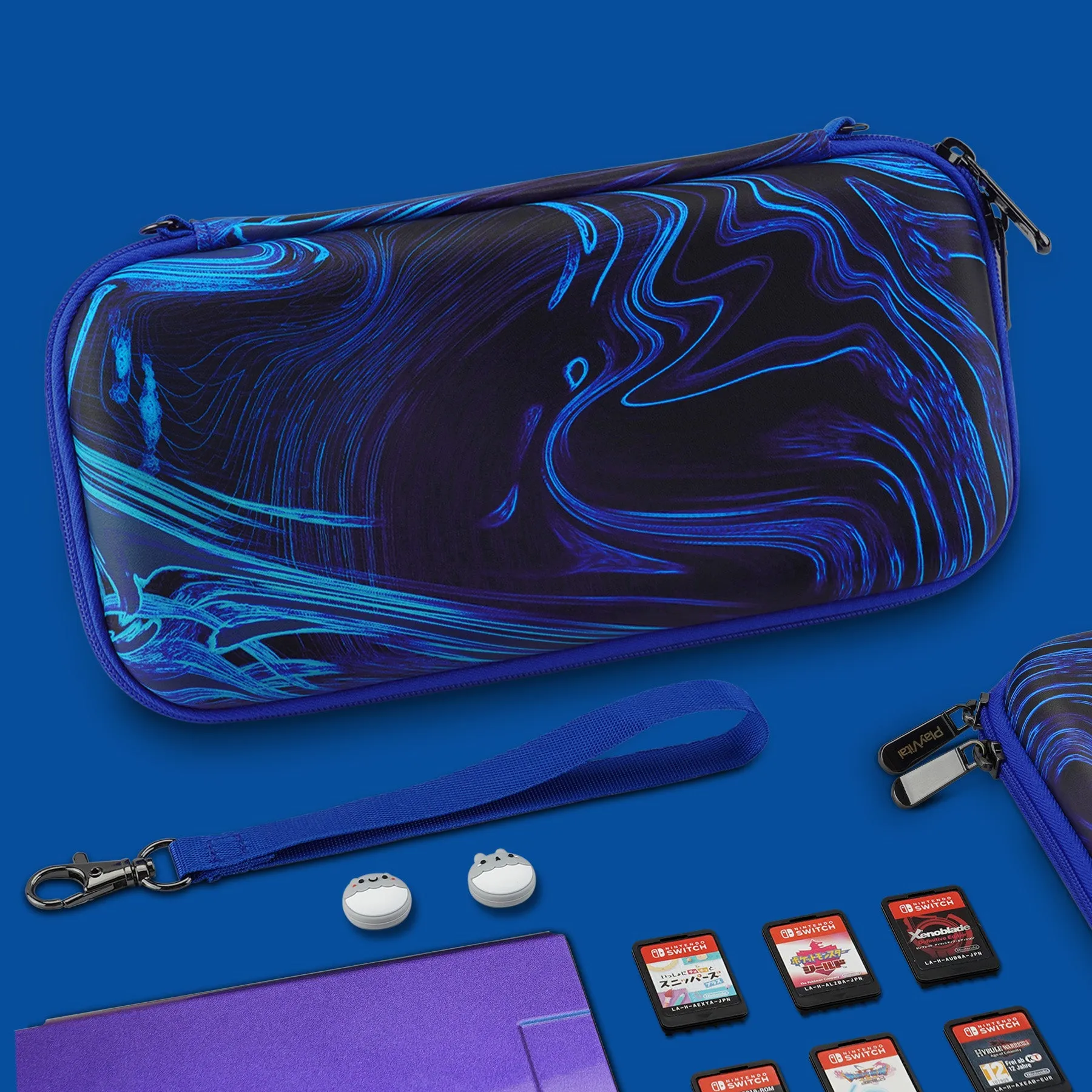 PlayVital Carrying Case for Nintendo Switch & Switch OLED, Portable Pouch Storage Handbag Travel Bag Protective Hard Case for Switch Console w/Thumb Grip Caps & 10 Game Card Slots - Blue Swirl - NTW006