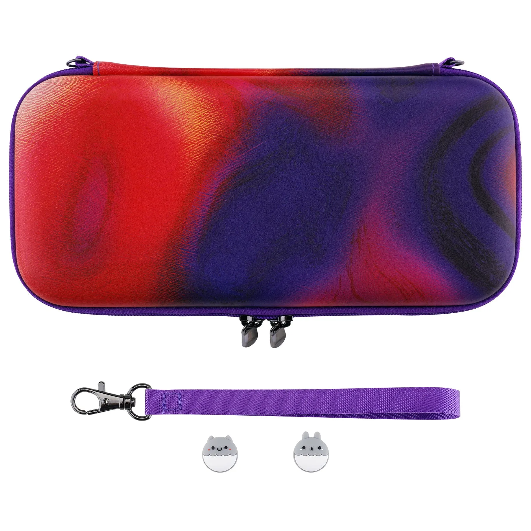 PlayVital Carrying Case for Nintendo Switch & Switch OLED, Portable Pouch Storage Handbag Travel Bag Protective Hard Case for Switch Console w/Thumb Grip Caps & 10 Game Card Slots - Purple Red Swirl - NTW004